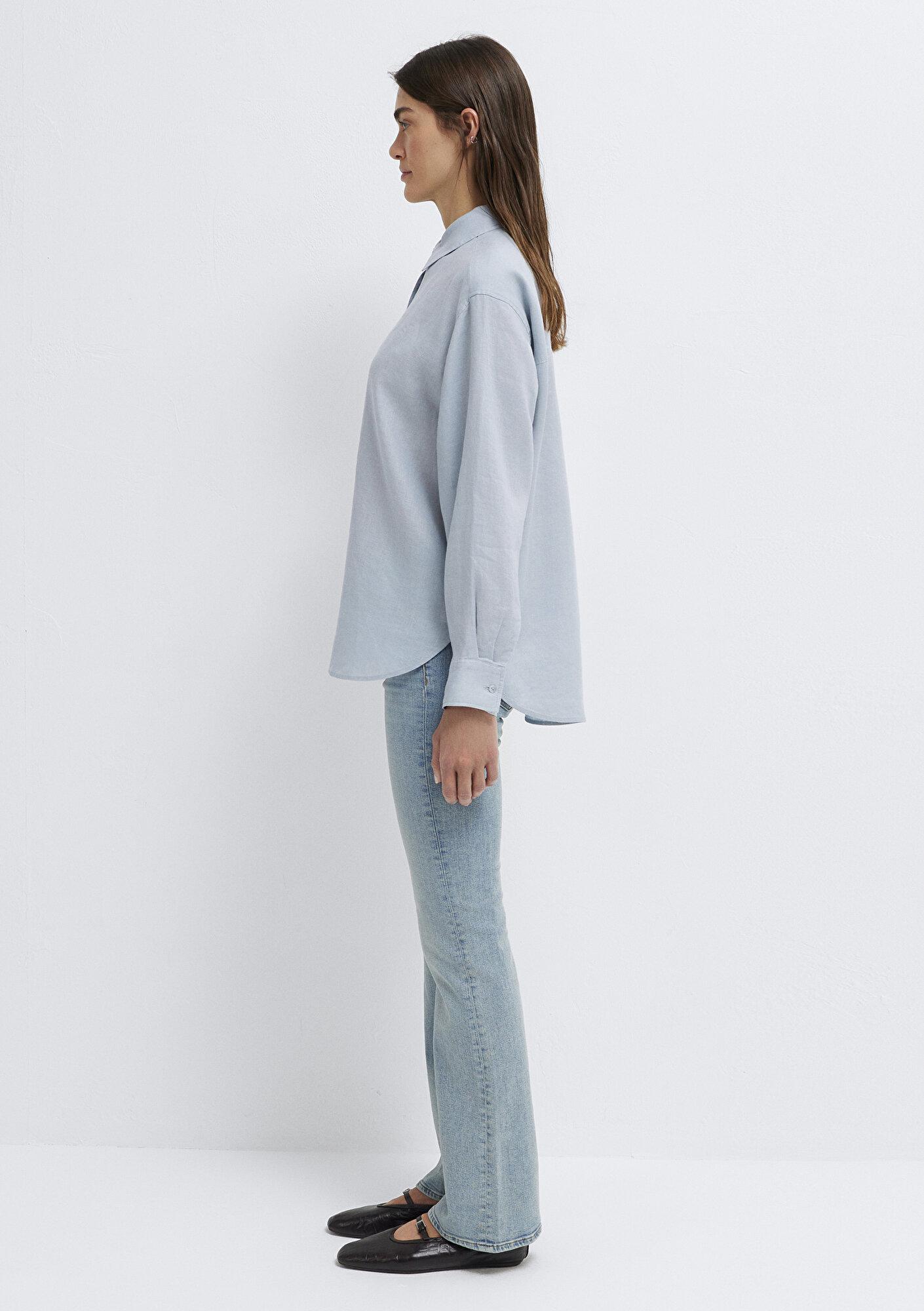 Mavi Açık Mavi Keten Gömlek Loose Fit / Bol Rahat Kesim 1210747-70802