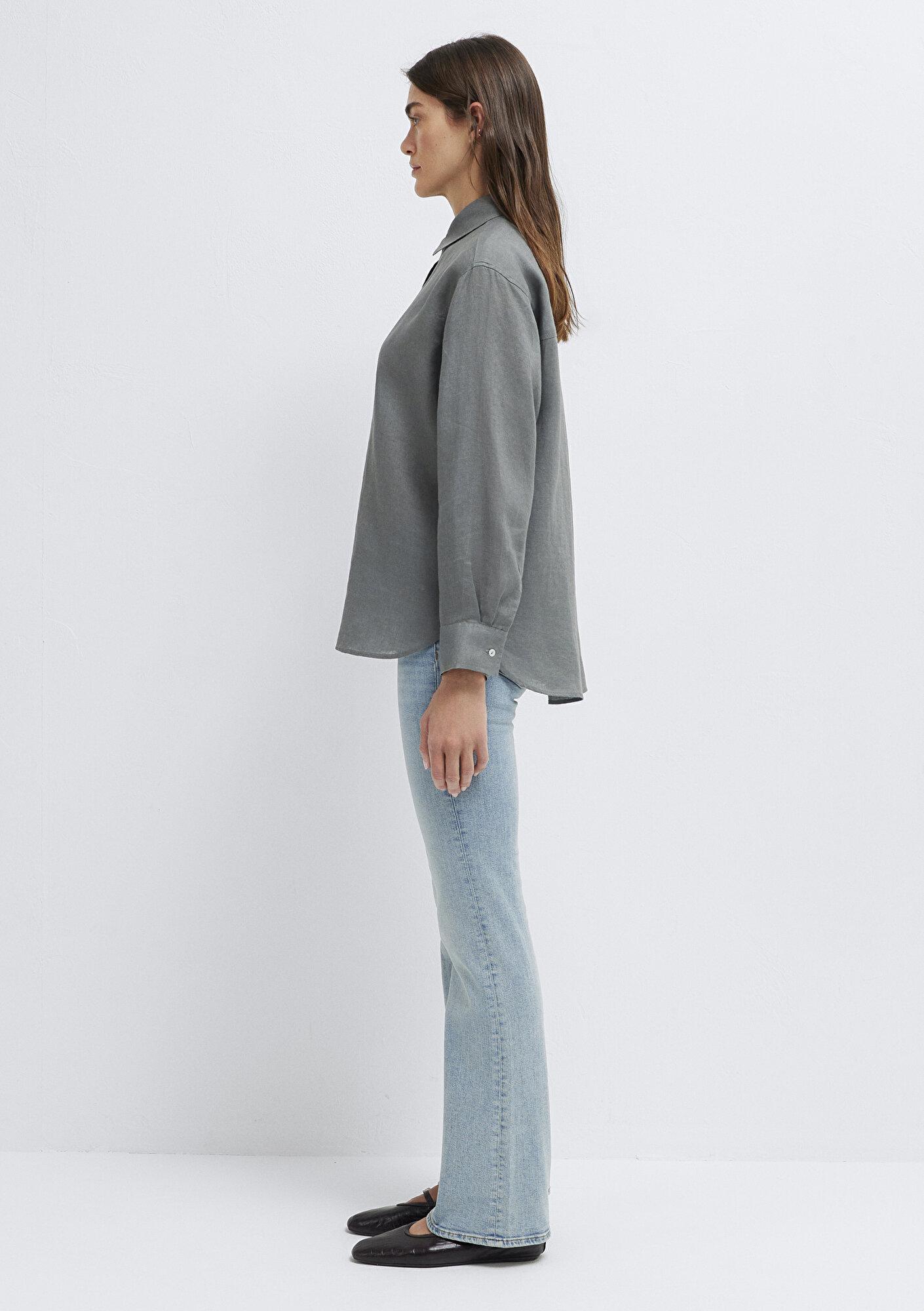 Mavi Yeşil Keten Gömlek Loose Fit / Bol Rahat Kesim 1210747-70132