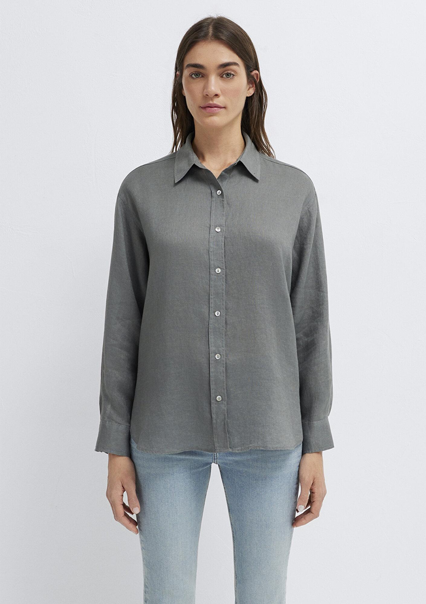 Mavi Yeşil Keten Gömlek Loose Fit / Bol Rahat Kesim 1210747-70132