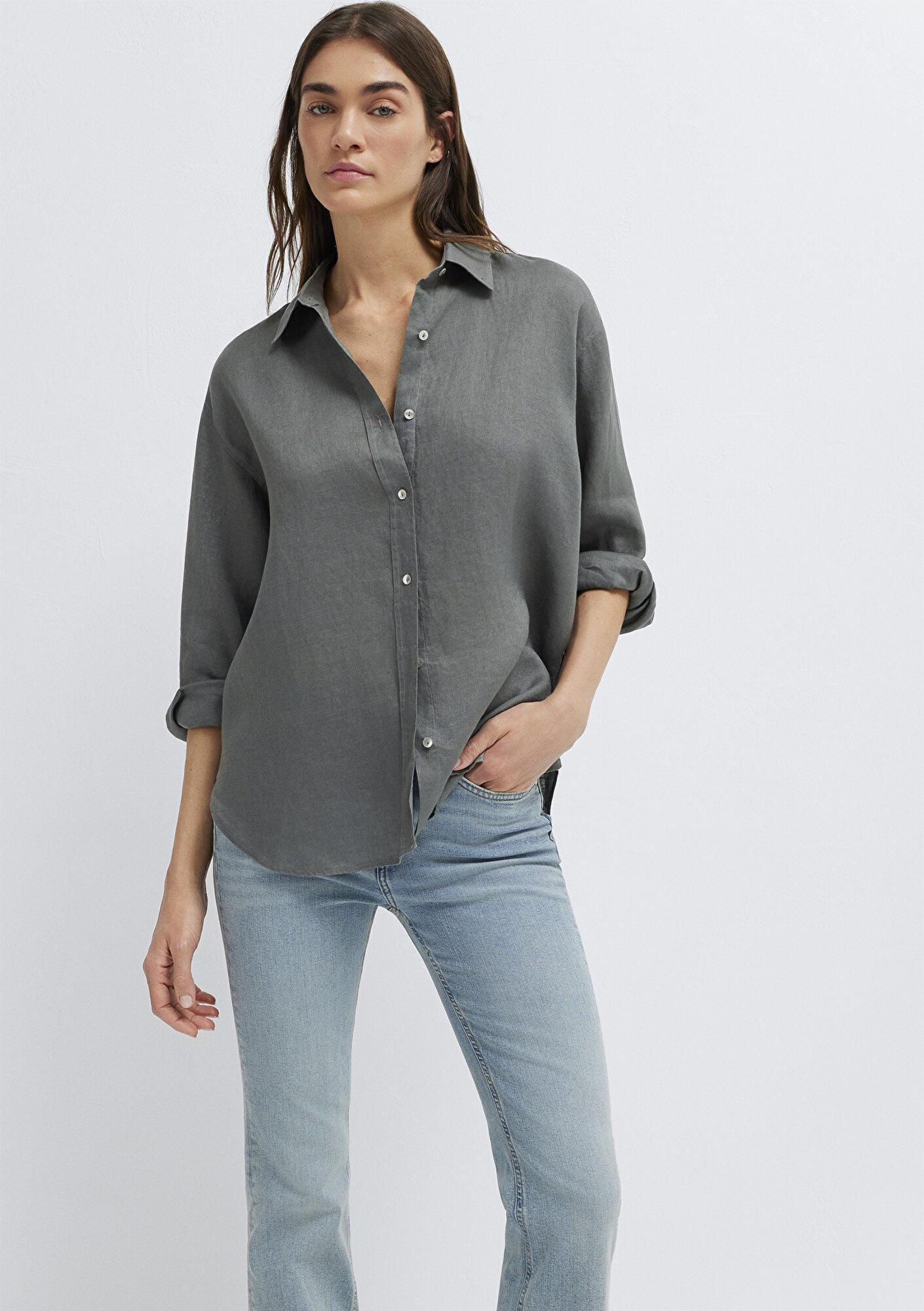 Mavi Yeşil Keten Gömlek Loose Fit / Bol Rahat Kesim 1210747-70132