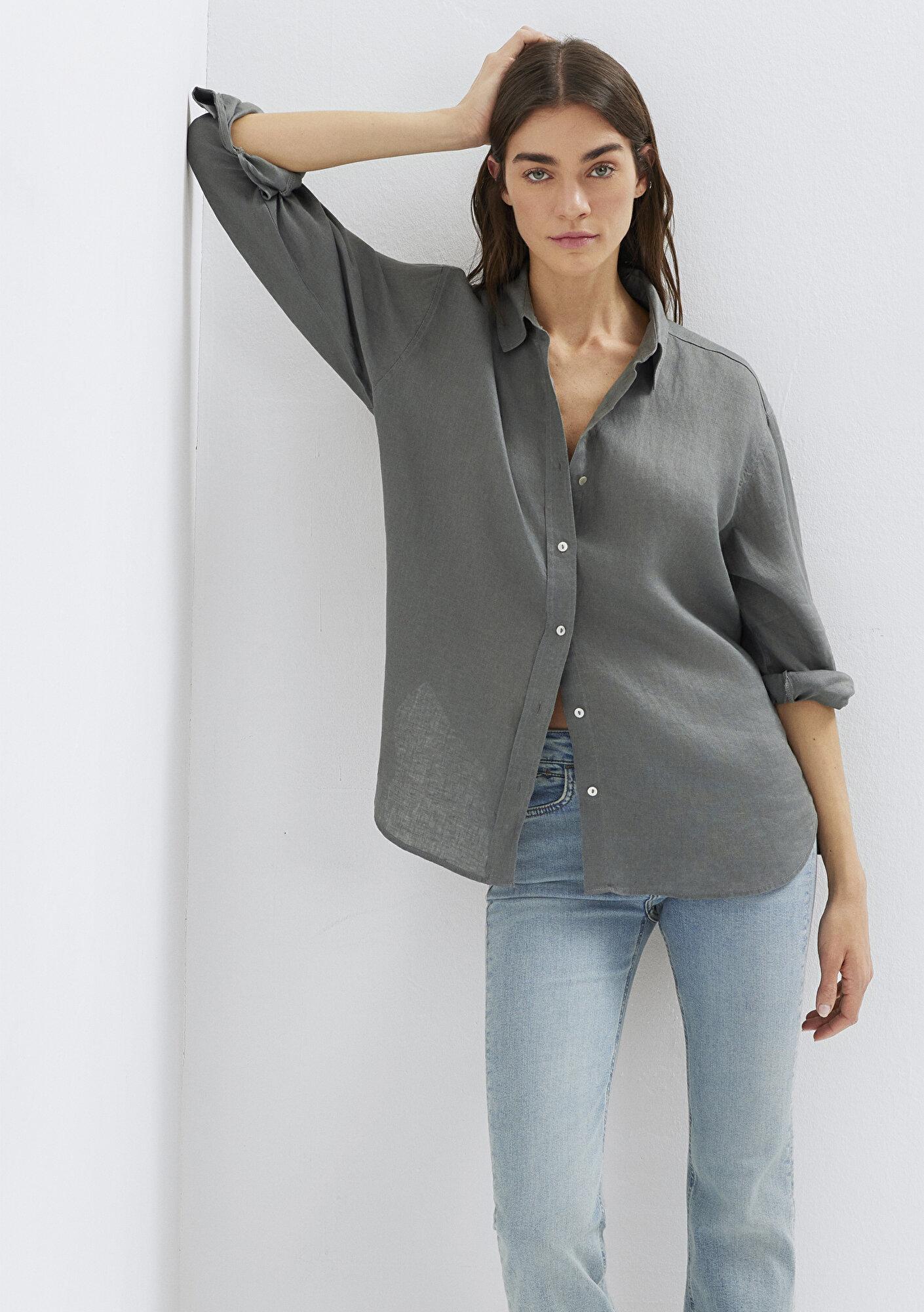 Mavi Yeşil Keten Gömlek Loose Fit / Bol Rahat Kesim 1210747-70132