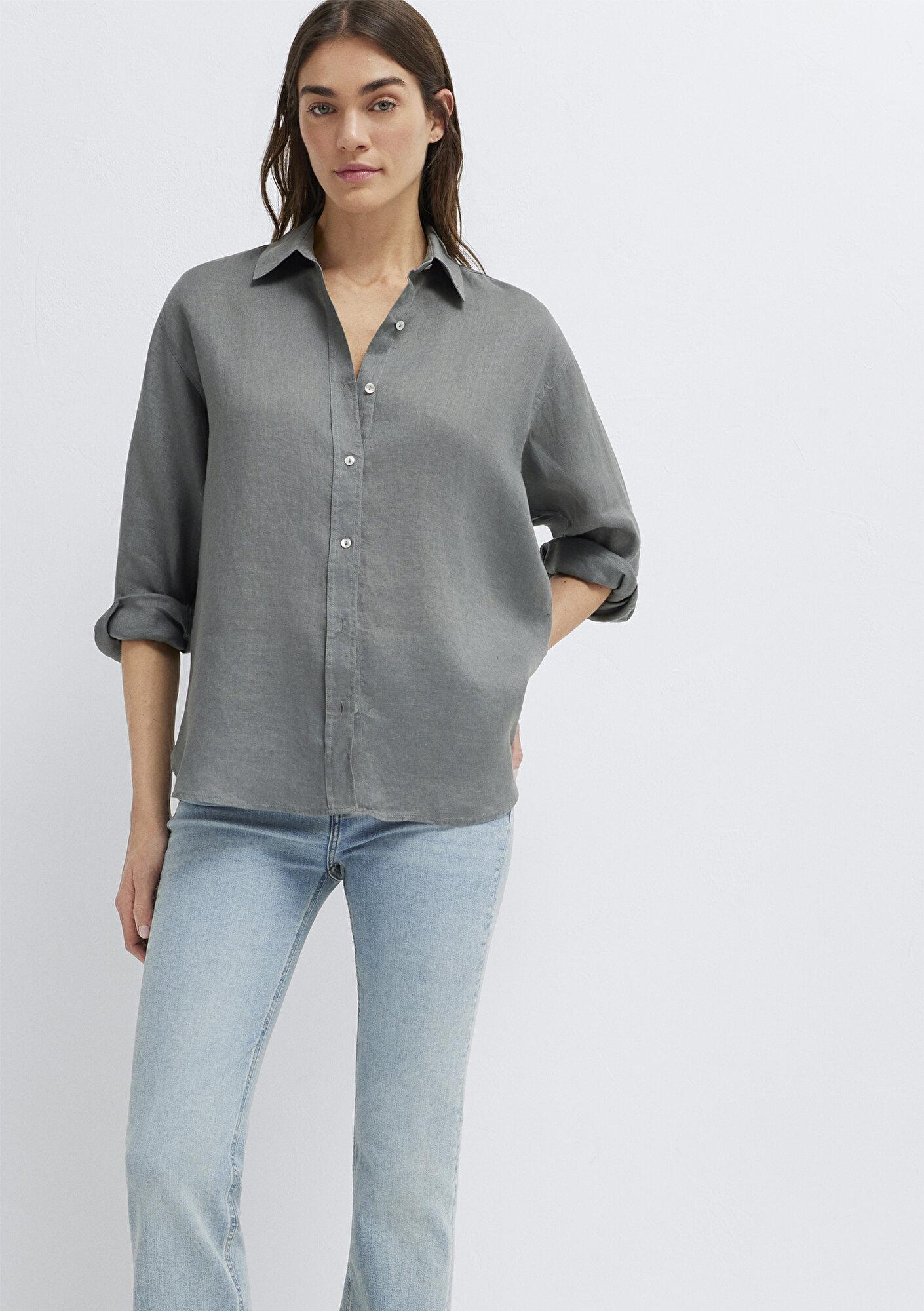 Mavi Yeşil Keten Gömlek Loose Fit / Bol Rahat Kesim 1210747-70132