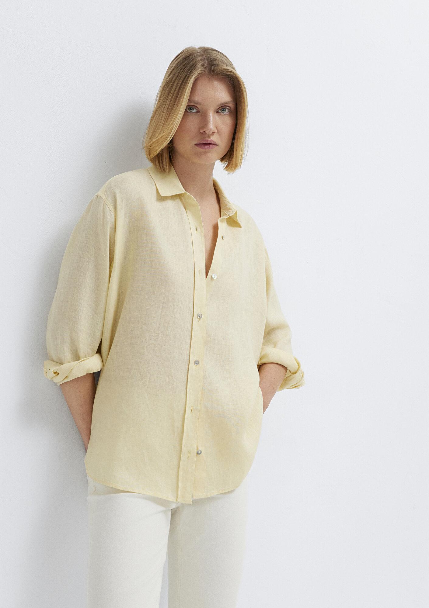 Mavi Sarı Keten Gömlek Loose Fit / Bol Rahat Kesim 1210747-84571