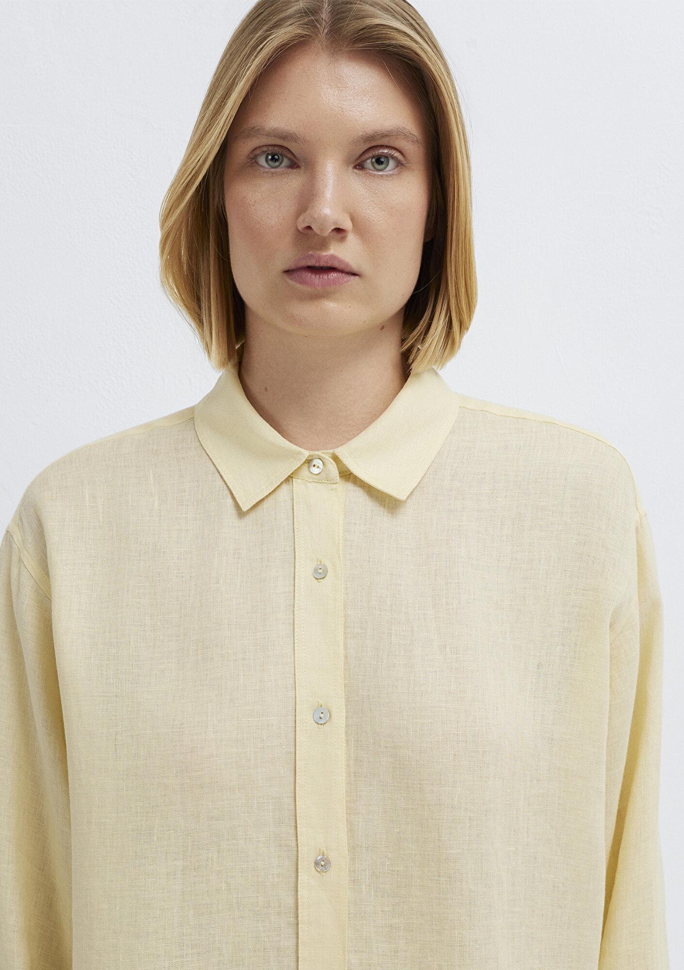 Mavi Sarı Keten Gömlek Loose Fit / Bol Rahat Kesim 1210747-84571