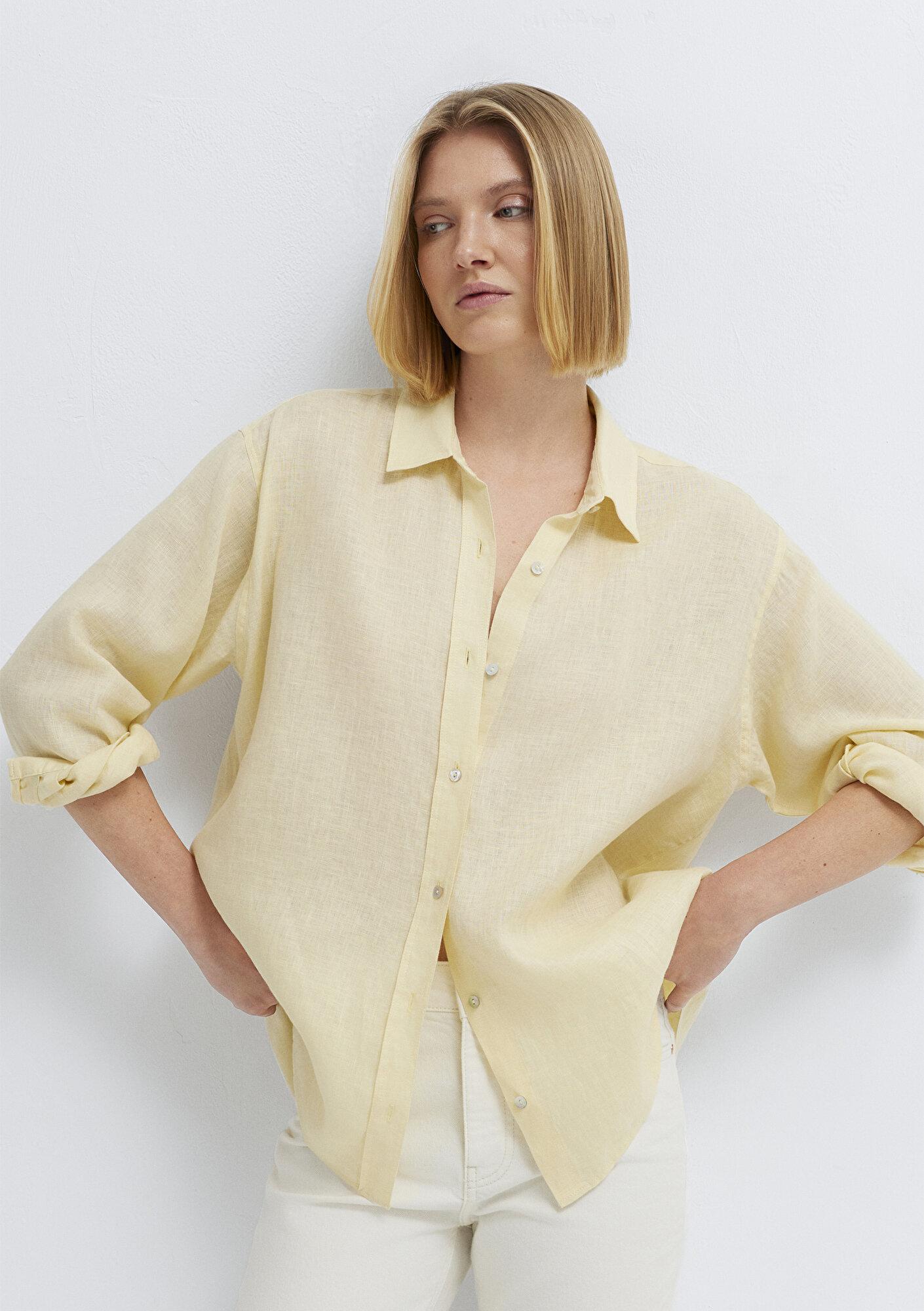 Mavi Sarı Keten Gömlek Loose Fit / Bol Rahat Kesim 1210747-84571