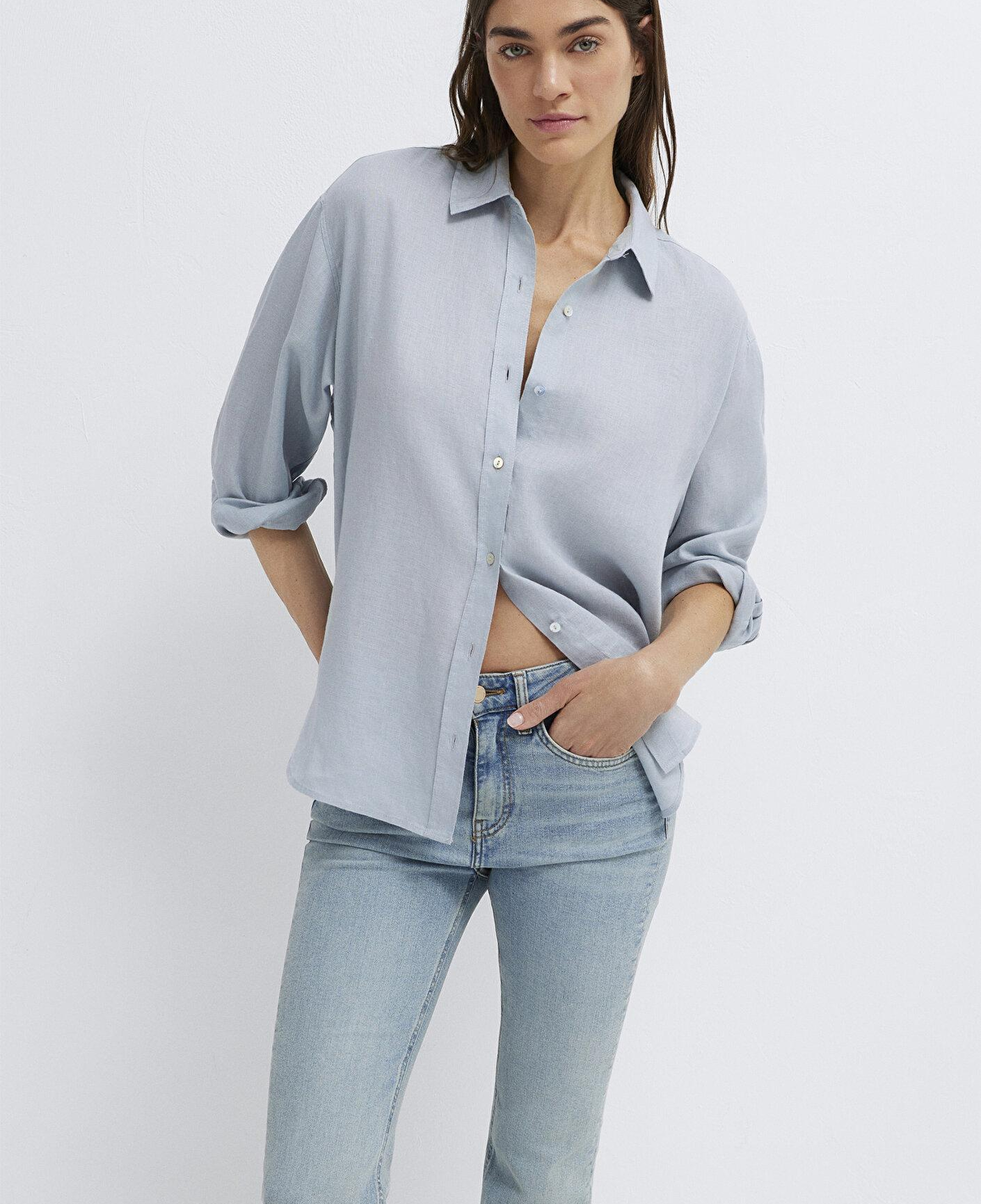 Mavi Açık Mavi Keten Gömlek Loose Fit / Bol Rahat Kesim 1210747-70802