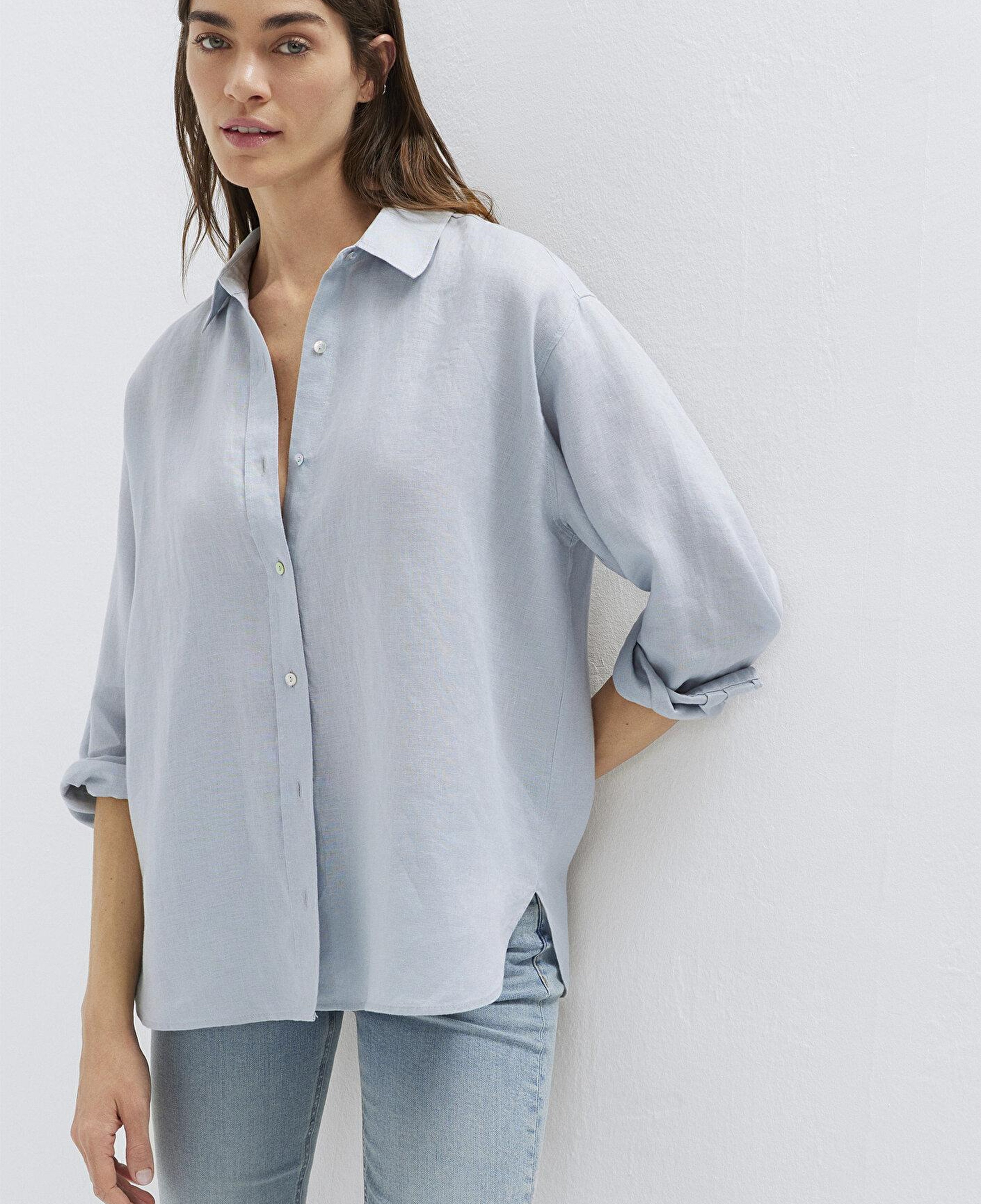 Mavi Açık Mavi Keten Gömlek Loose Fit / Bol Rahat Kesim 1210747-70802