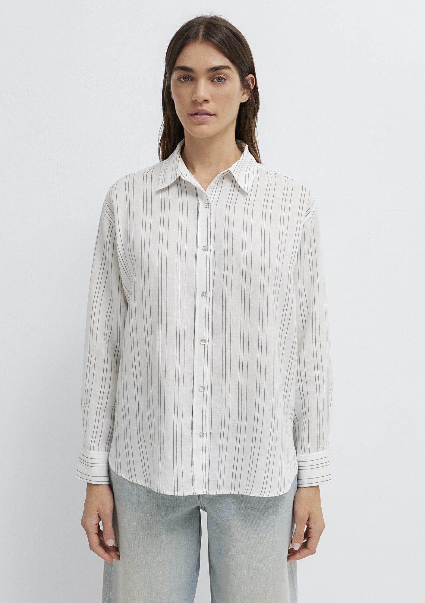 Mavi Siyah Çizgili Beyaz Keten Gömlek Oversize / Geniş Kesim 1210748-81510