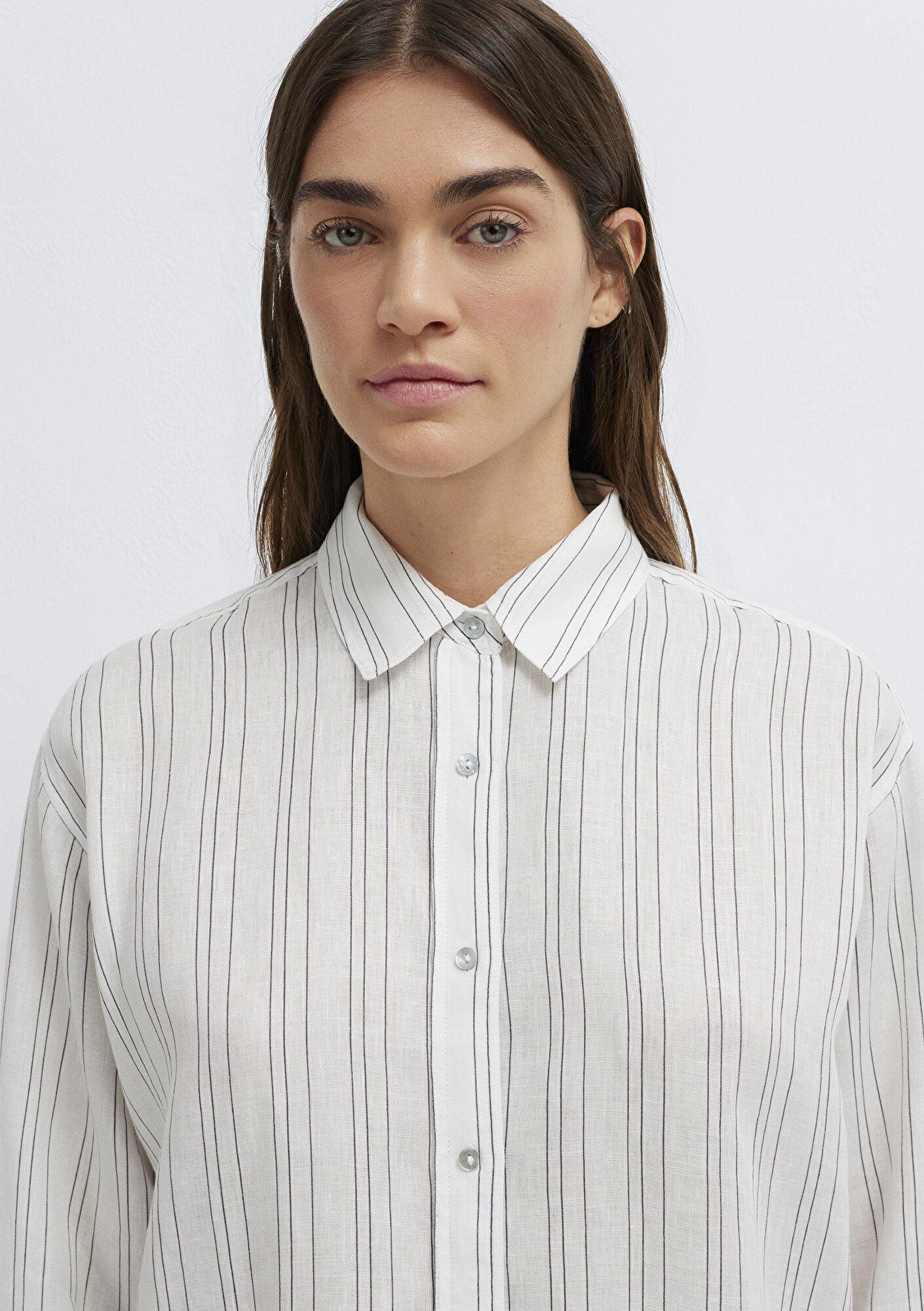 Mavi Siyah Çizgili Beyaz Keten Gömlek Oversize / Geniş Kesim 1210748-81510