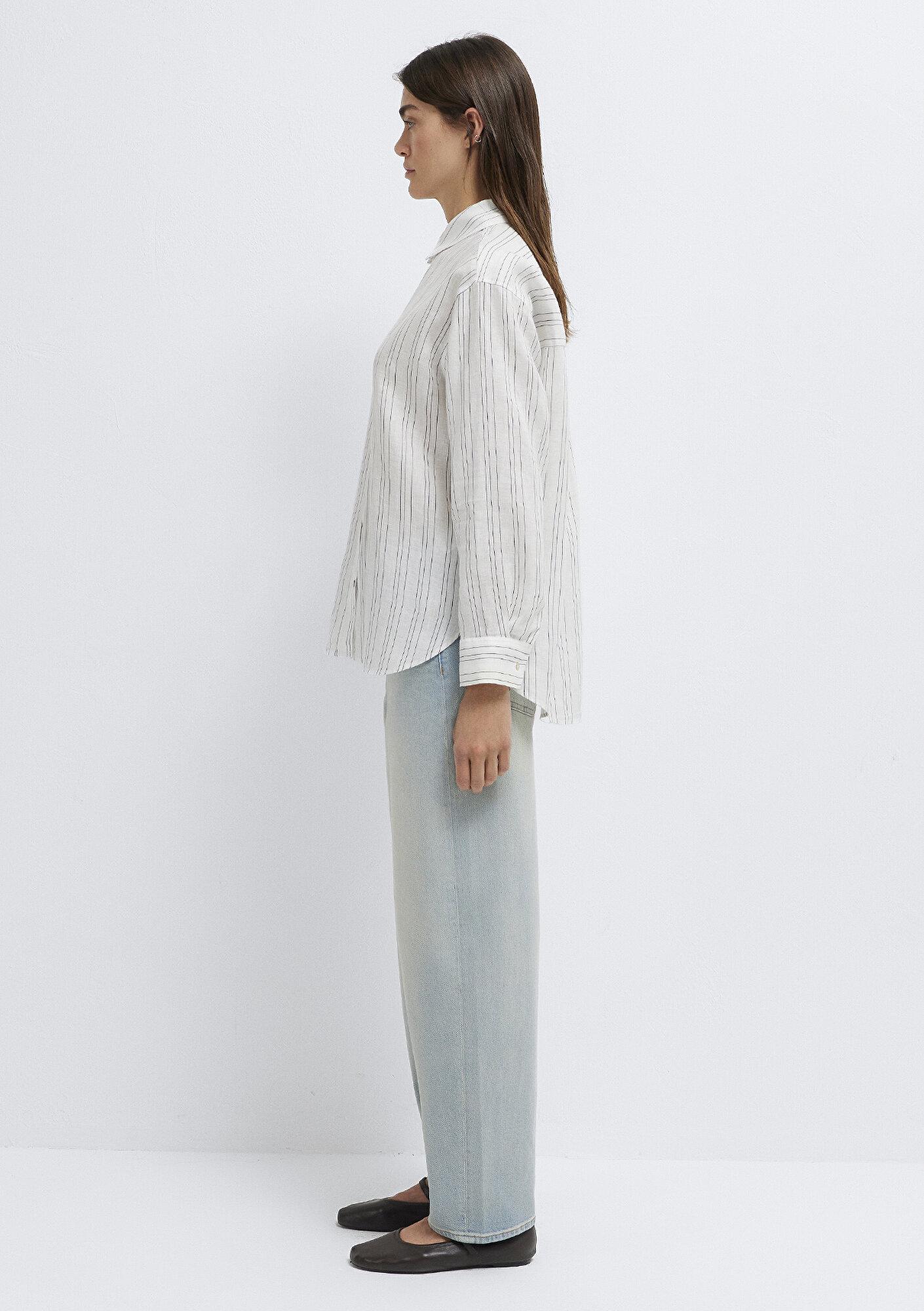 Mavi Siyah Çizgili Beyaz Keten Gömlek Oversize / Geniş Kesim 1210748-81510