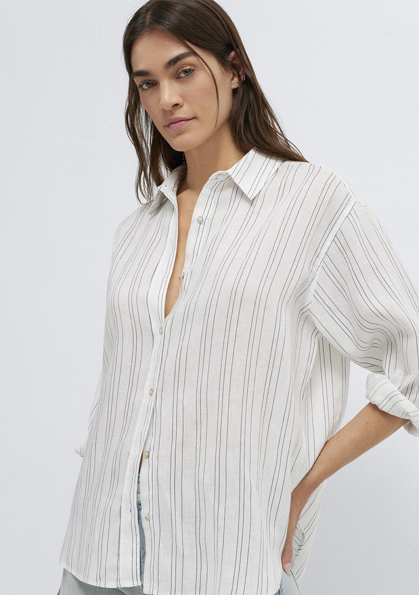 Mavi Siyah Çizgili Beyaz Keten Gömlek Oversize / Geniş Kesim 1210748-81510