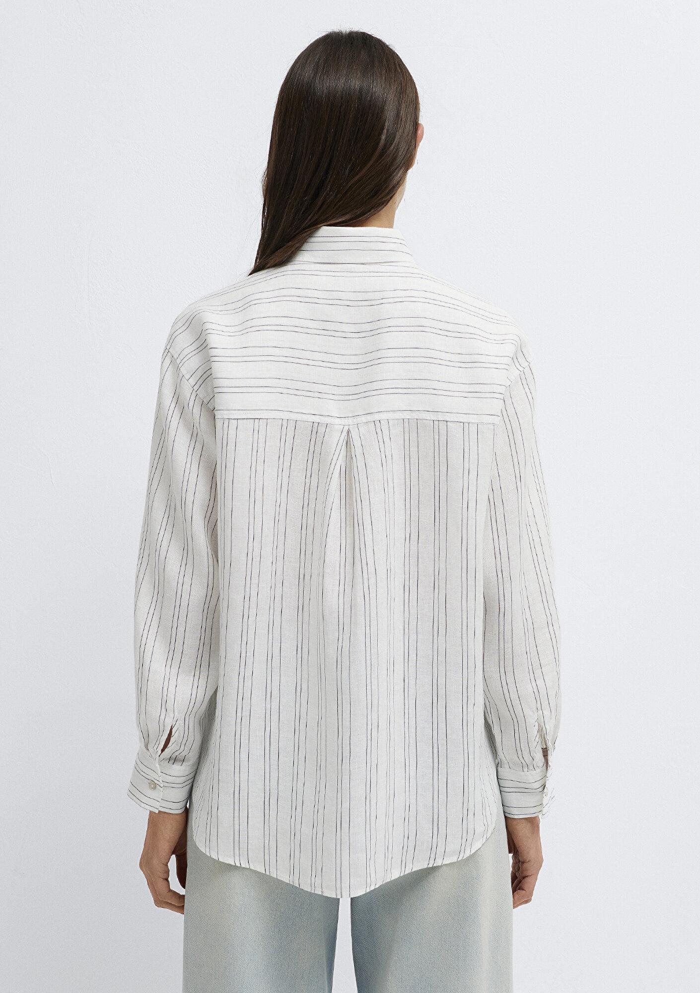 Mavi Siyah Çizgili Beyaz Keten Gömlek Oversize / Geniş Kesim 1210748-81510