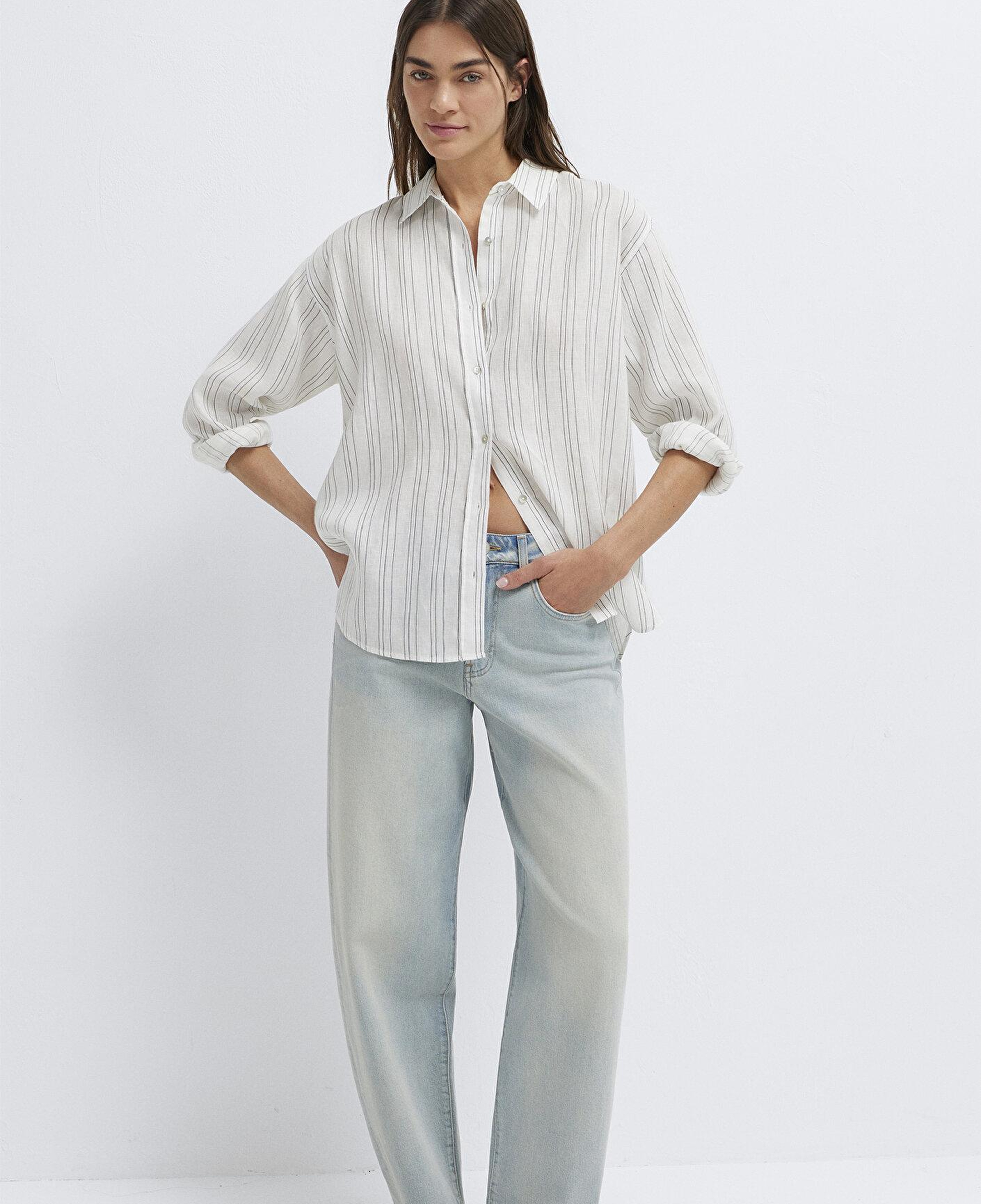 Mavi Siyah Çizgili Beyaz Keten Gömlek Oversize / Geniş Kesim 1210748-81510