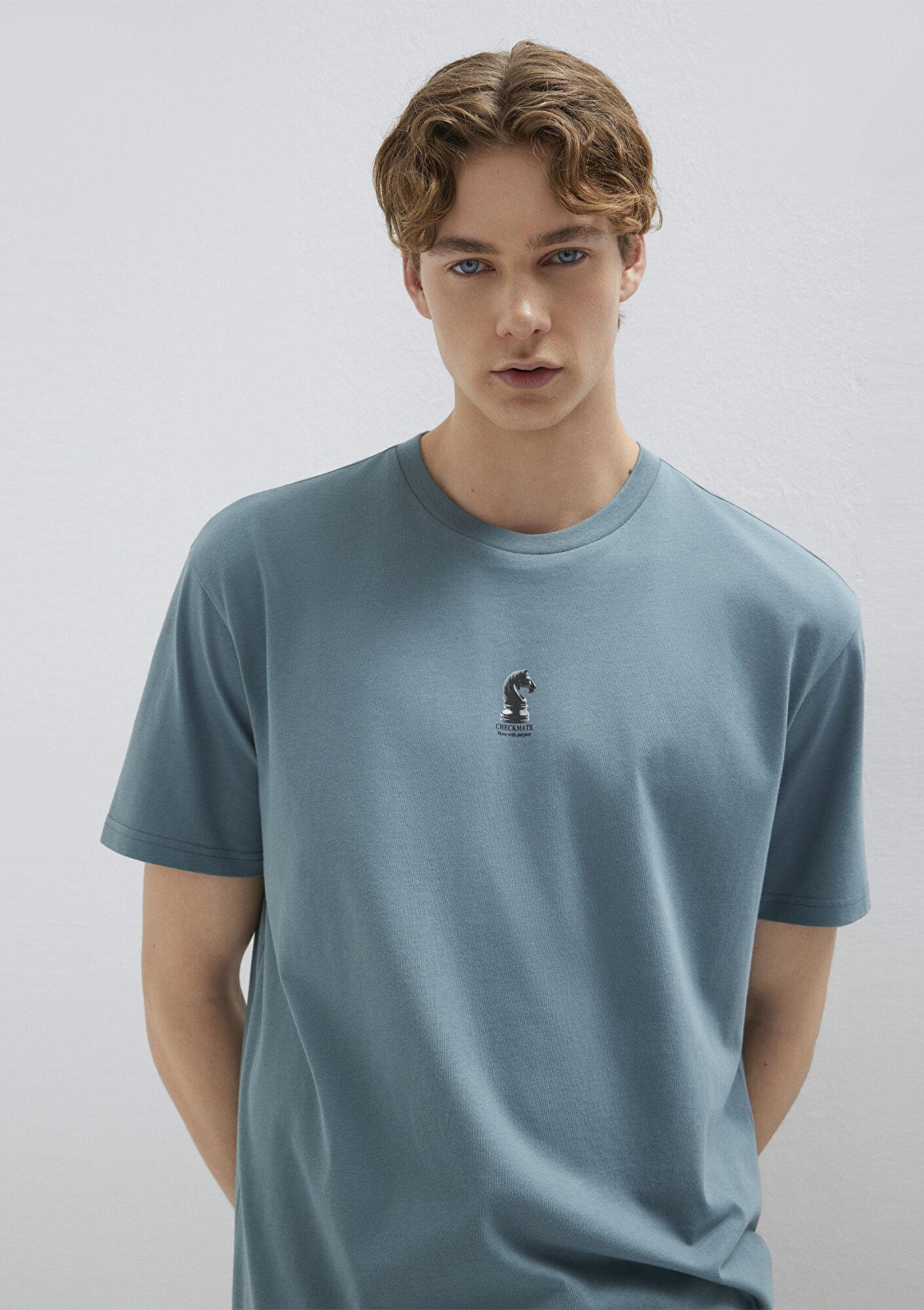 Mavi Satranç Baskılı Mavi Tişört Loose Fit / Bol Rahat Kesim 0613633-70128