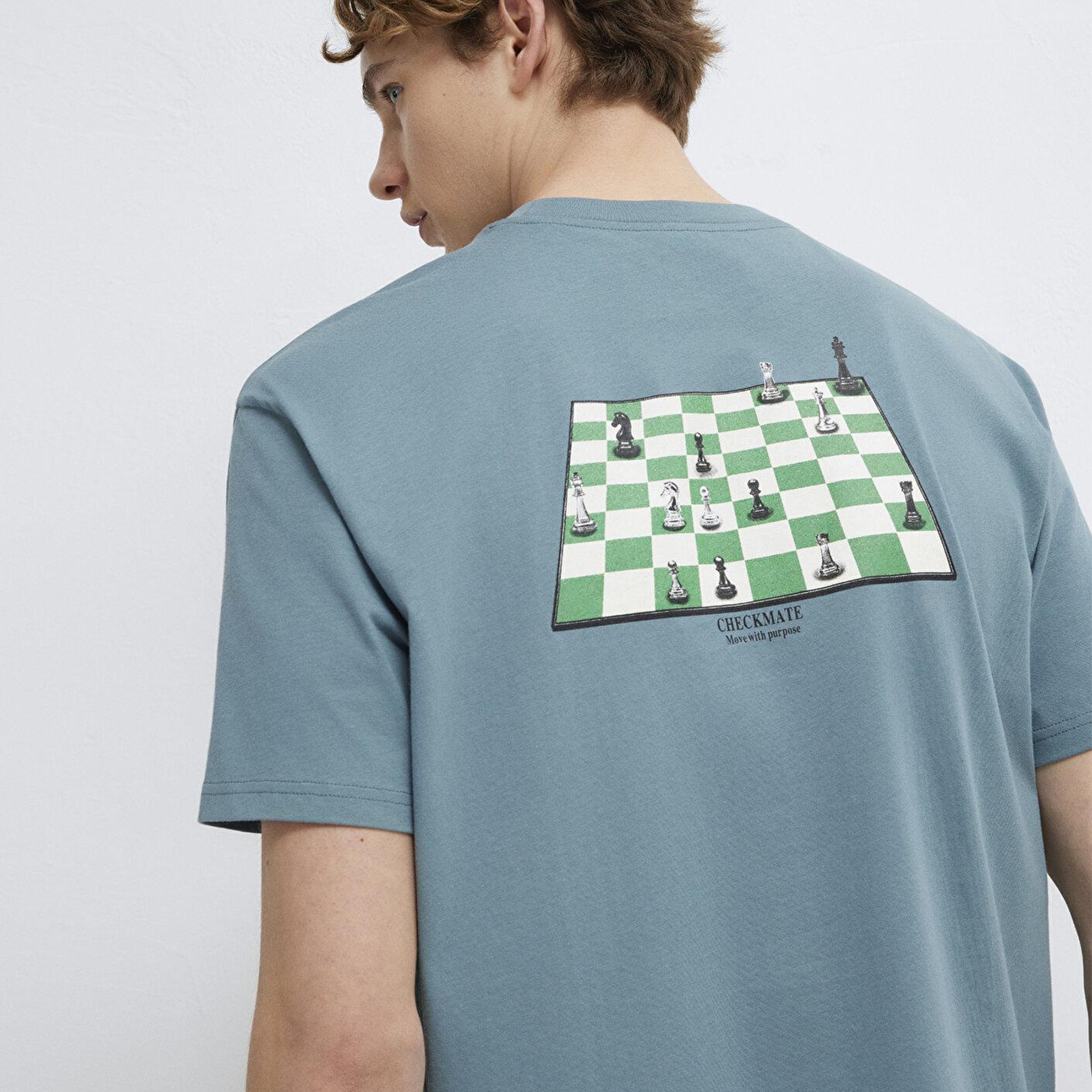 Mavi Satranç Baskılı Mavi Tişört Loose Fit / Bol Rahat Kesim 0613633-70128