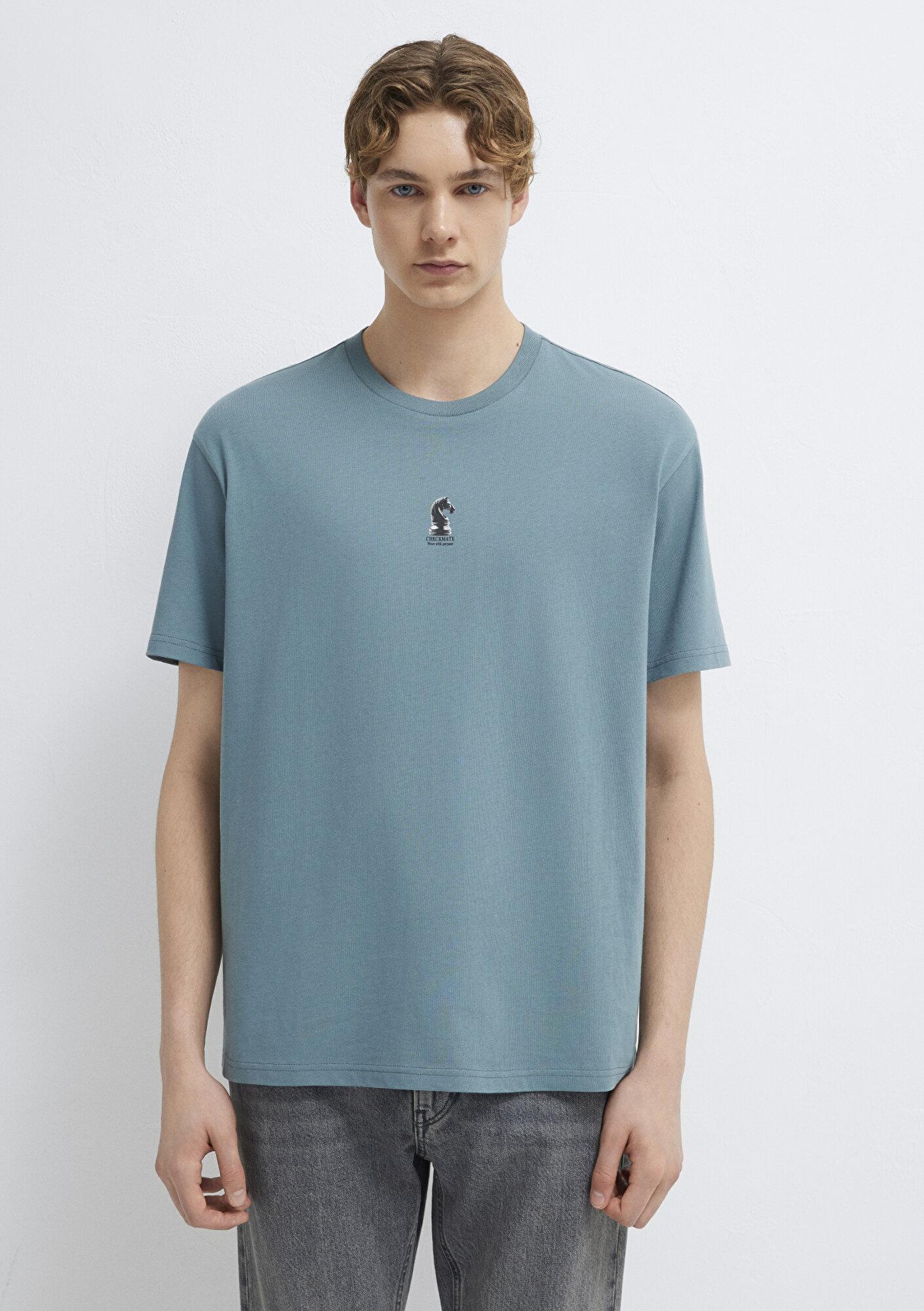 Mavi Satranç Baskılı Mavi Tişört Loose Fit / Bol Rahat Kesim 0613633-70128