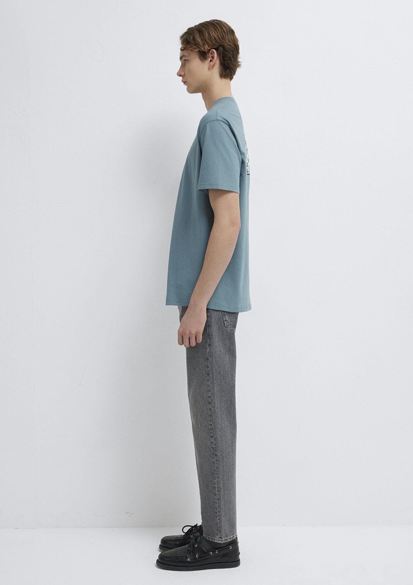 Mavi Satranç Baskılı Mavi Tişört Loose Fit / Bol Rahat Kesim 0613633-70128