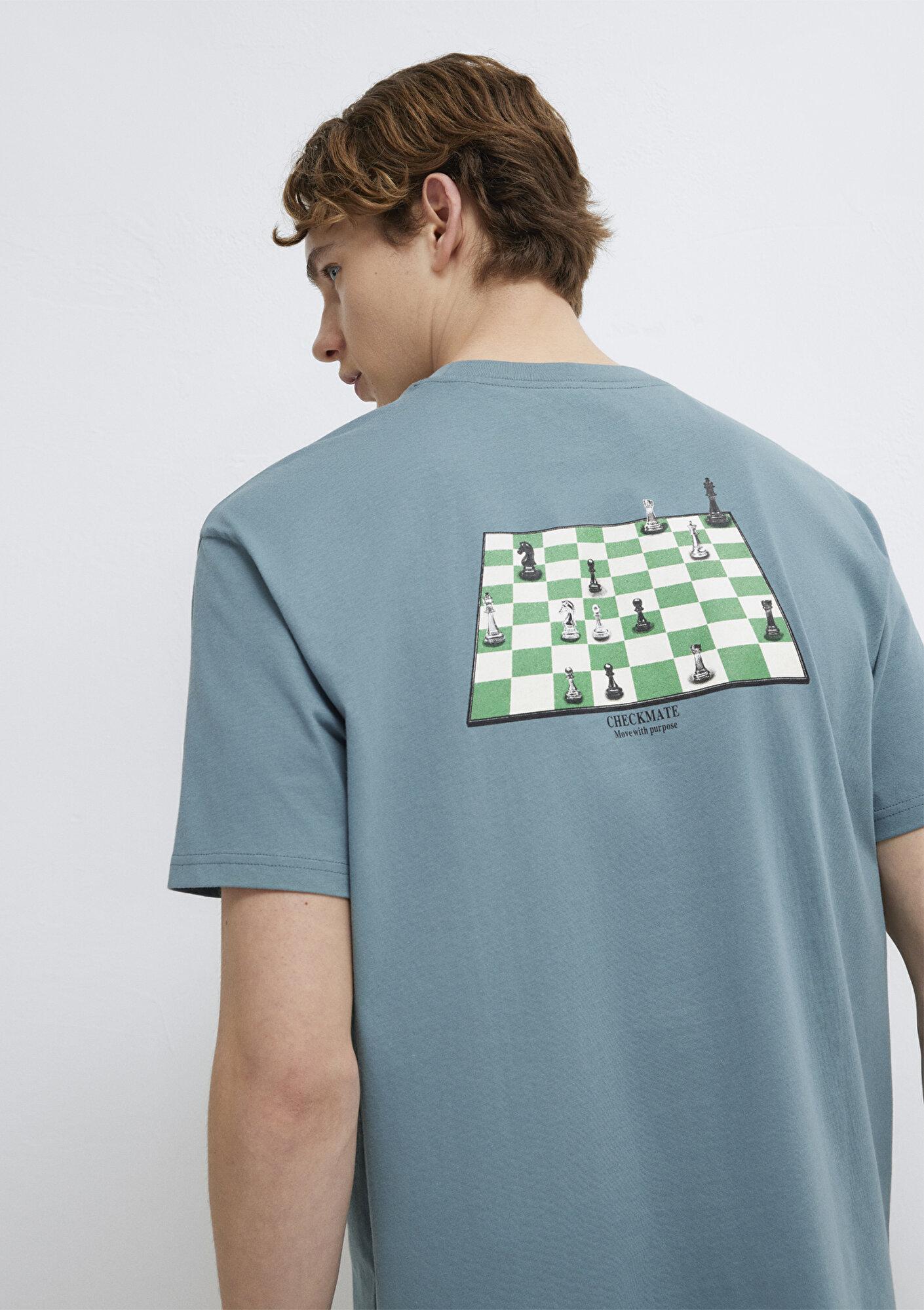 Mavi Satranç Baskılı Mavi Tişört Loose Fit / Bol Rahat Kesim 0613633-70128