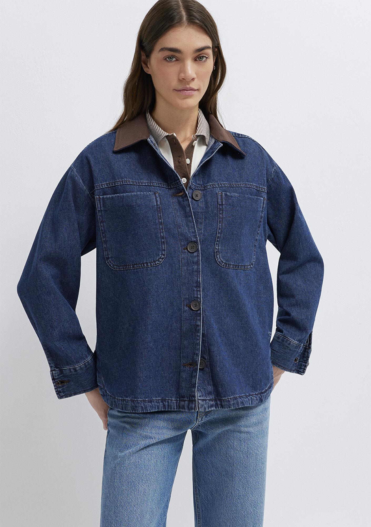 Mavi Yaka Detaylı Koyu Mavi Gömlek Loose Fit / Bol Rahat Kesim 1211536-91447