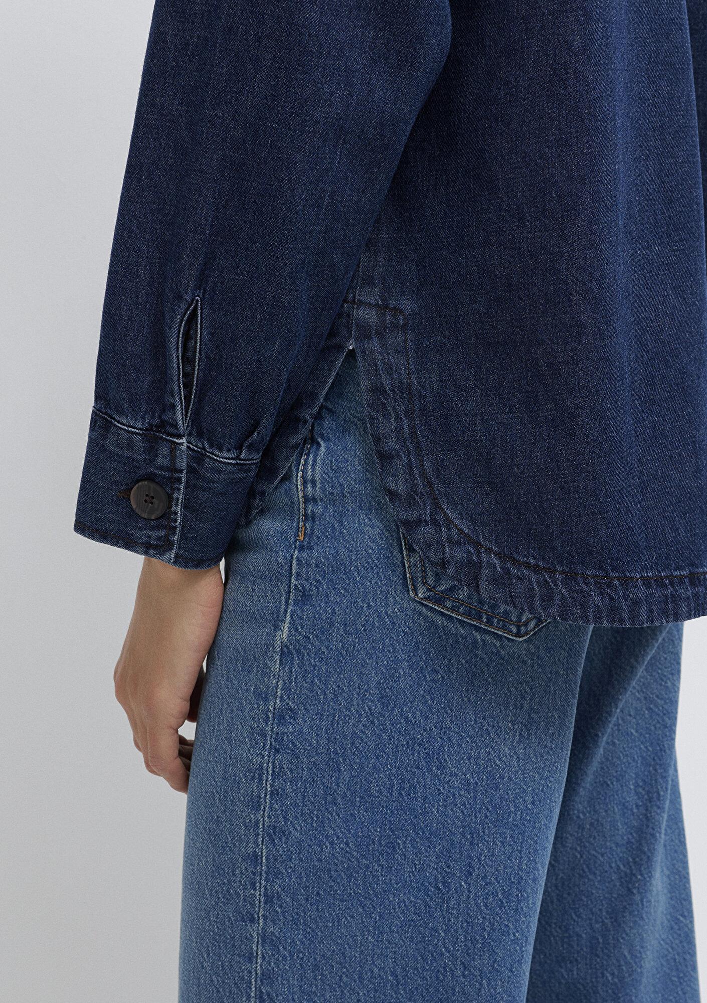 Mavi Yaka Detaylı Koyu Mavi Gömlek Loose Fit / Bol Rahat Kesim 1211536-91447