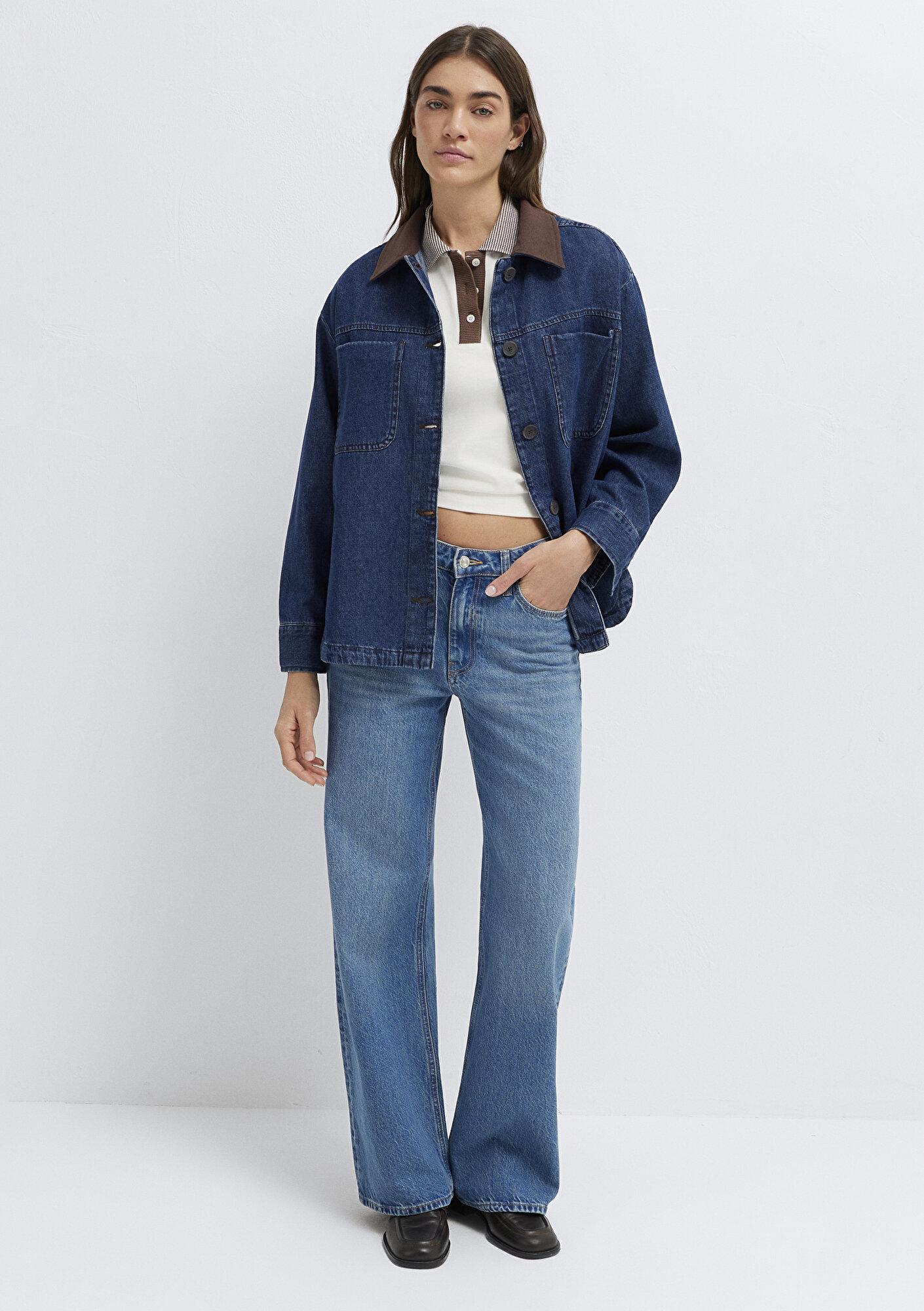 Mavi Yaka Detaylı Koyu Mavi Gömlek Loose Fit / Bol Rahat Kesim 1211536-91447