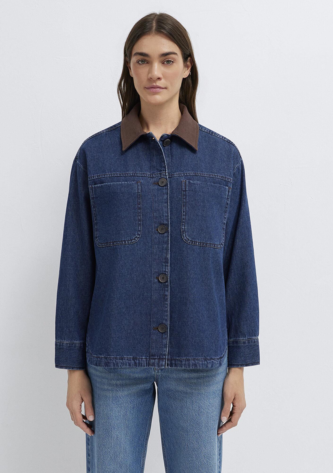 Mavi Yaka Detaylı Koyu Mavi Gömlek Loose Fit / Bol Rahat Kesim 1211536-91447