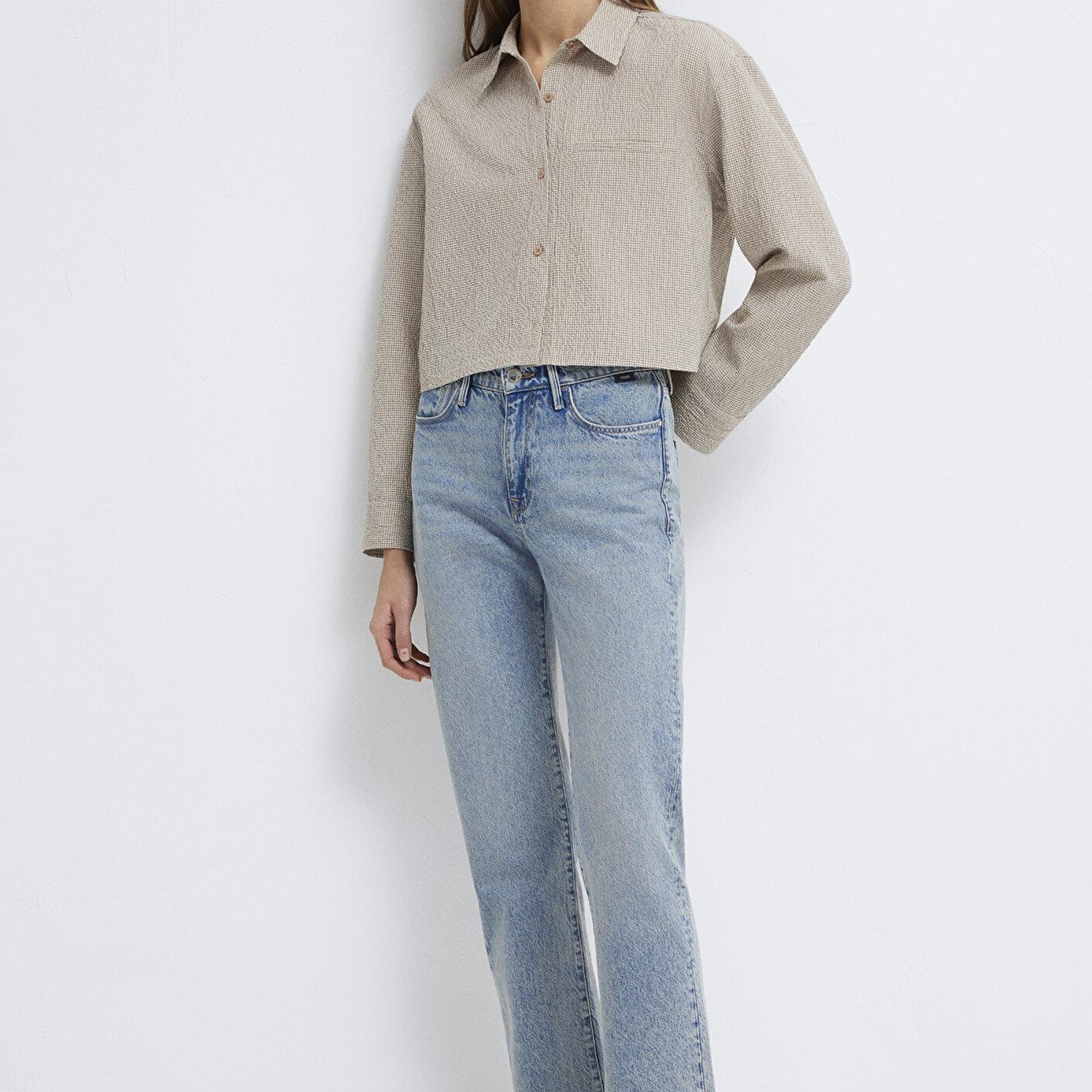 Mavi Kahverengi Ekose Crop Gömlek Loose Fit / Bol Rahat Kesim 1211388-83169