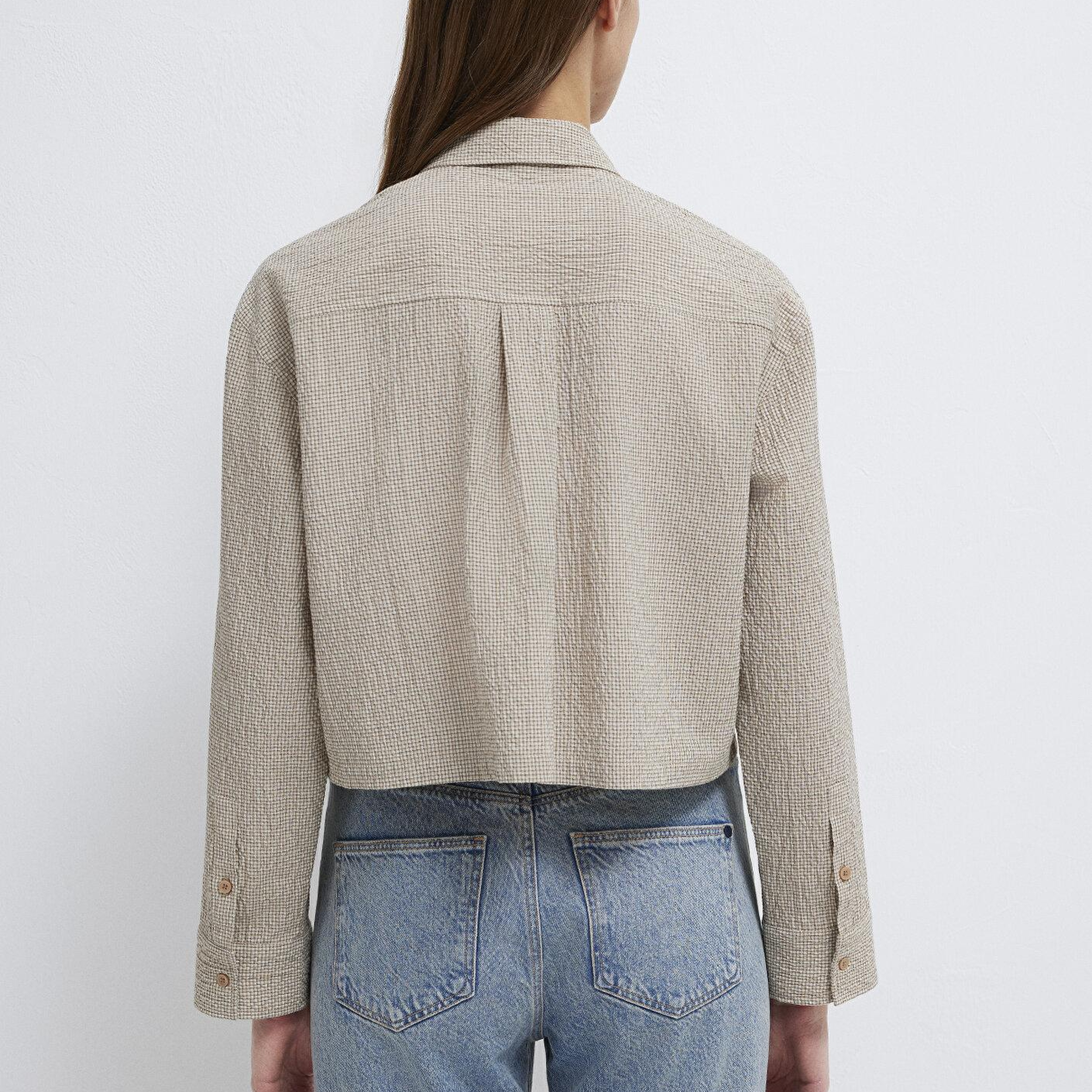 Mavi Kahverengi Ekose Crop Gömlek Loose Fit / Bol Rahat Kesim 1211388-83169