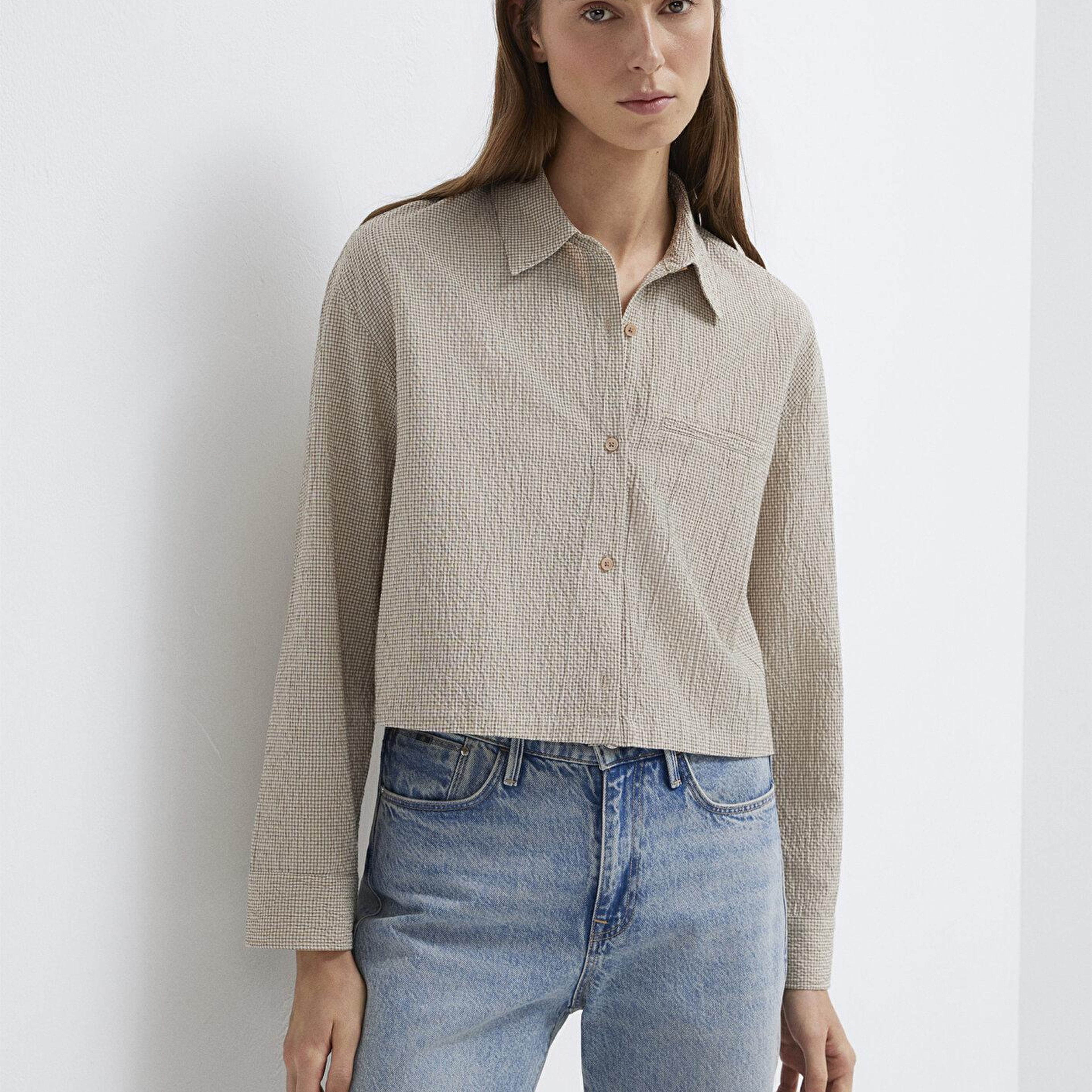 Mavi Kahverengi Ekose Crop Gömlek Loose Fit / Bol Rahat Kesim 1211388-83169