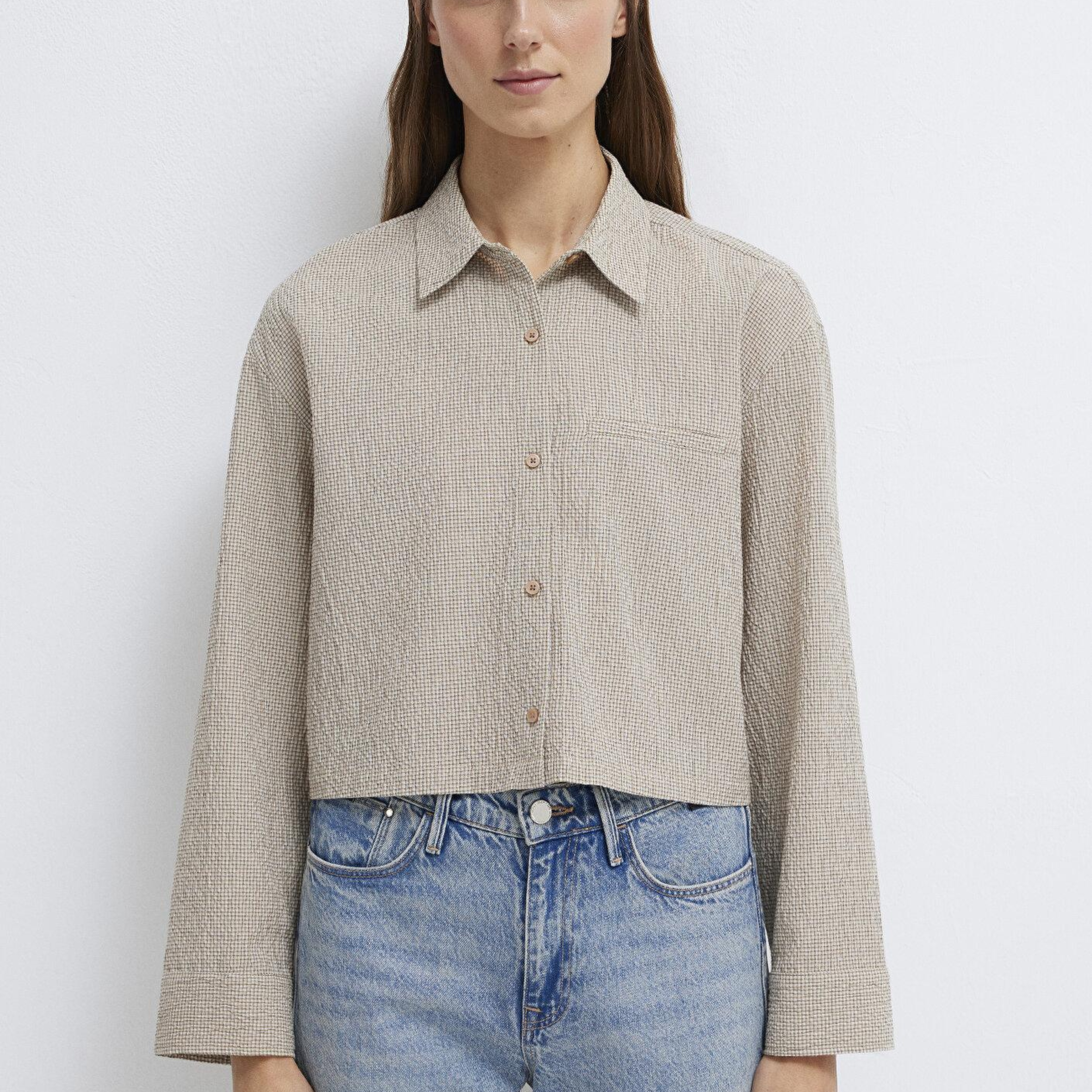 Mavi Kahverengi Ekose Crop Gömlek Loose Fit / Bol Rahat Kesim 1211388-83169