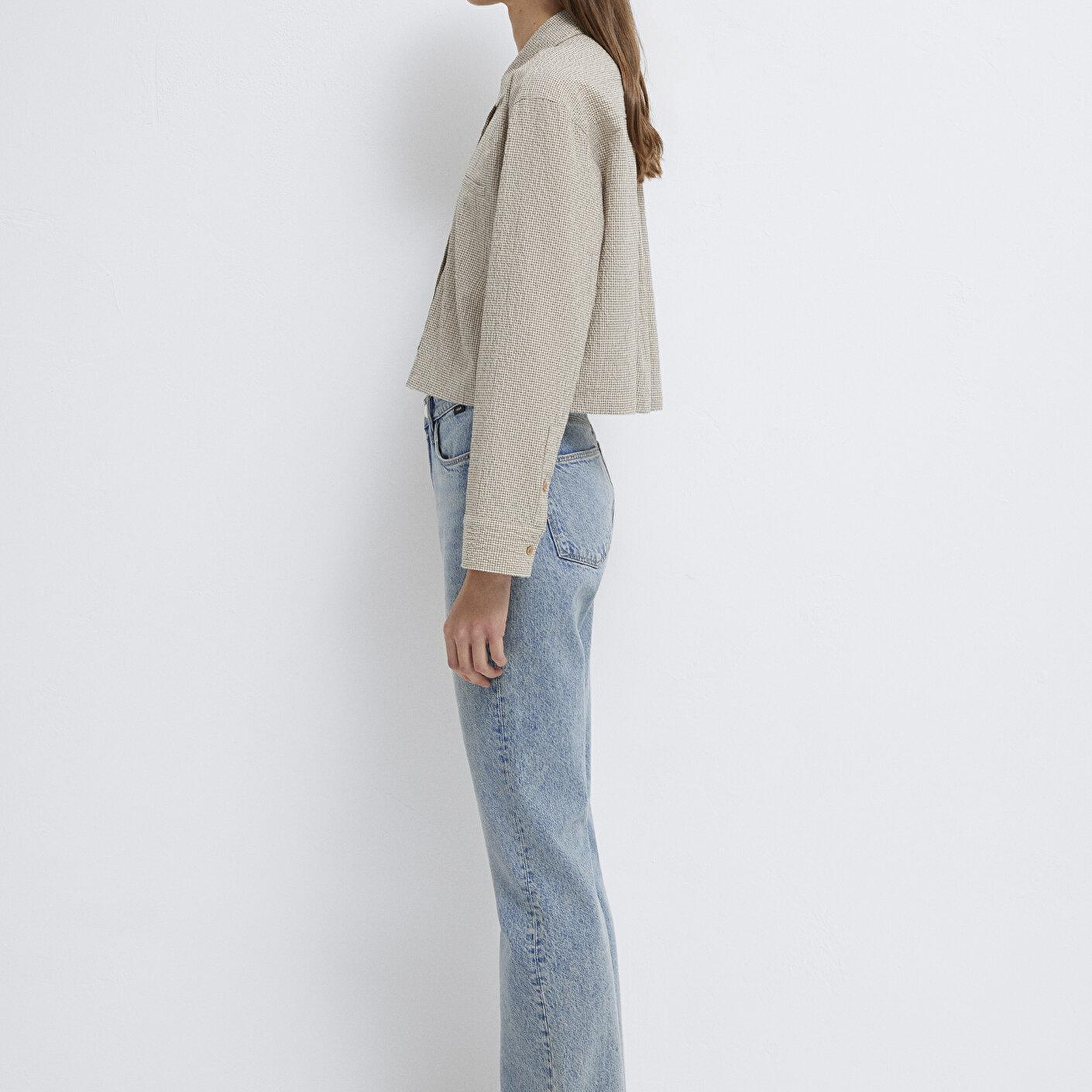 Mavi Kahverengi Ekose Crop Gömlek Loose Fit / Bol Rahat Kesim 1211388-83169