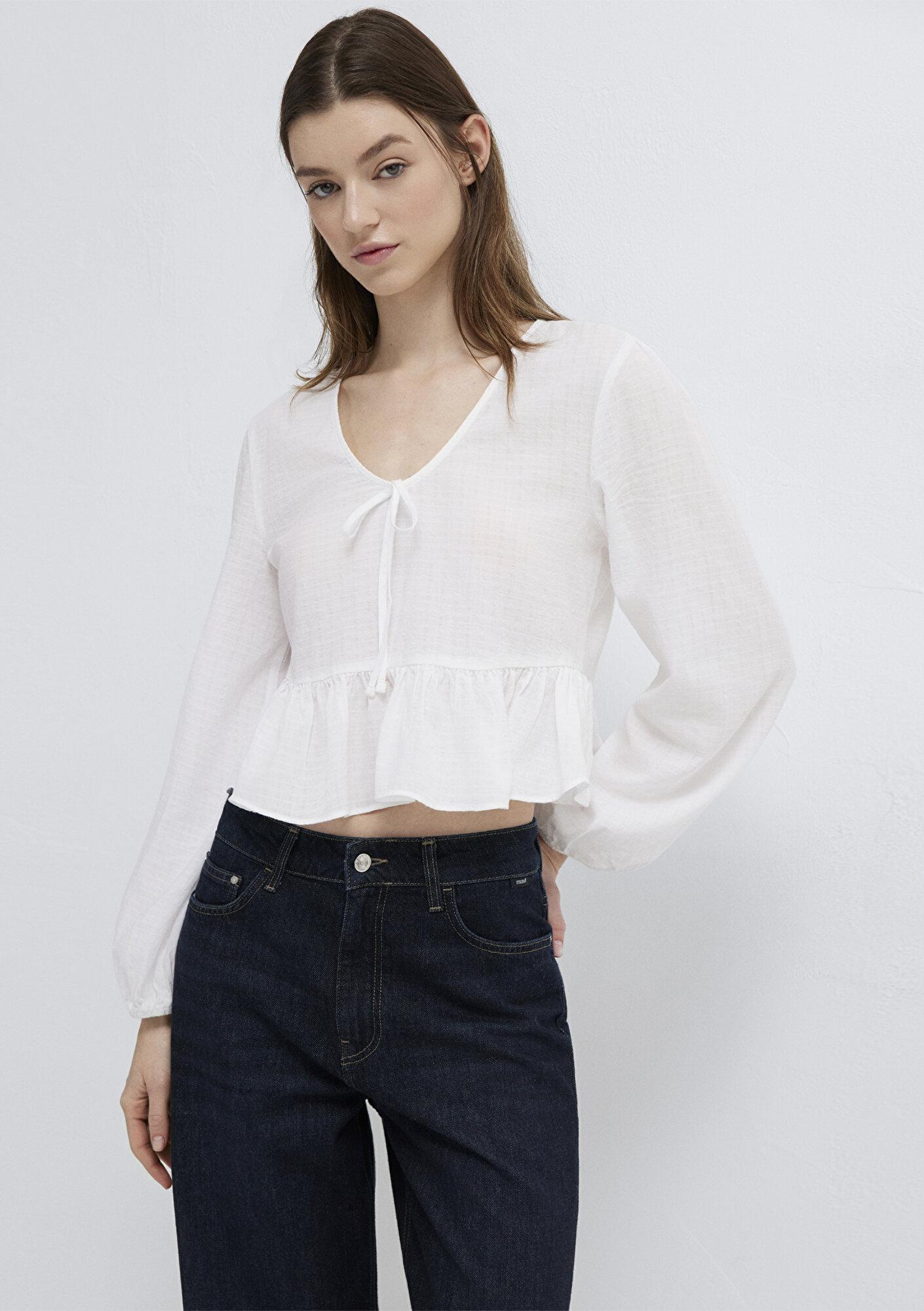Mavi Etek Detaylı Bağcıklı Ekru Bluz 1211473-70057