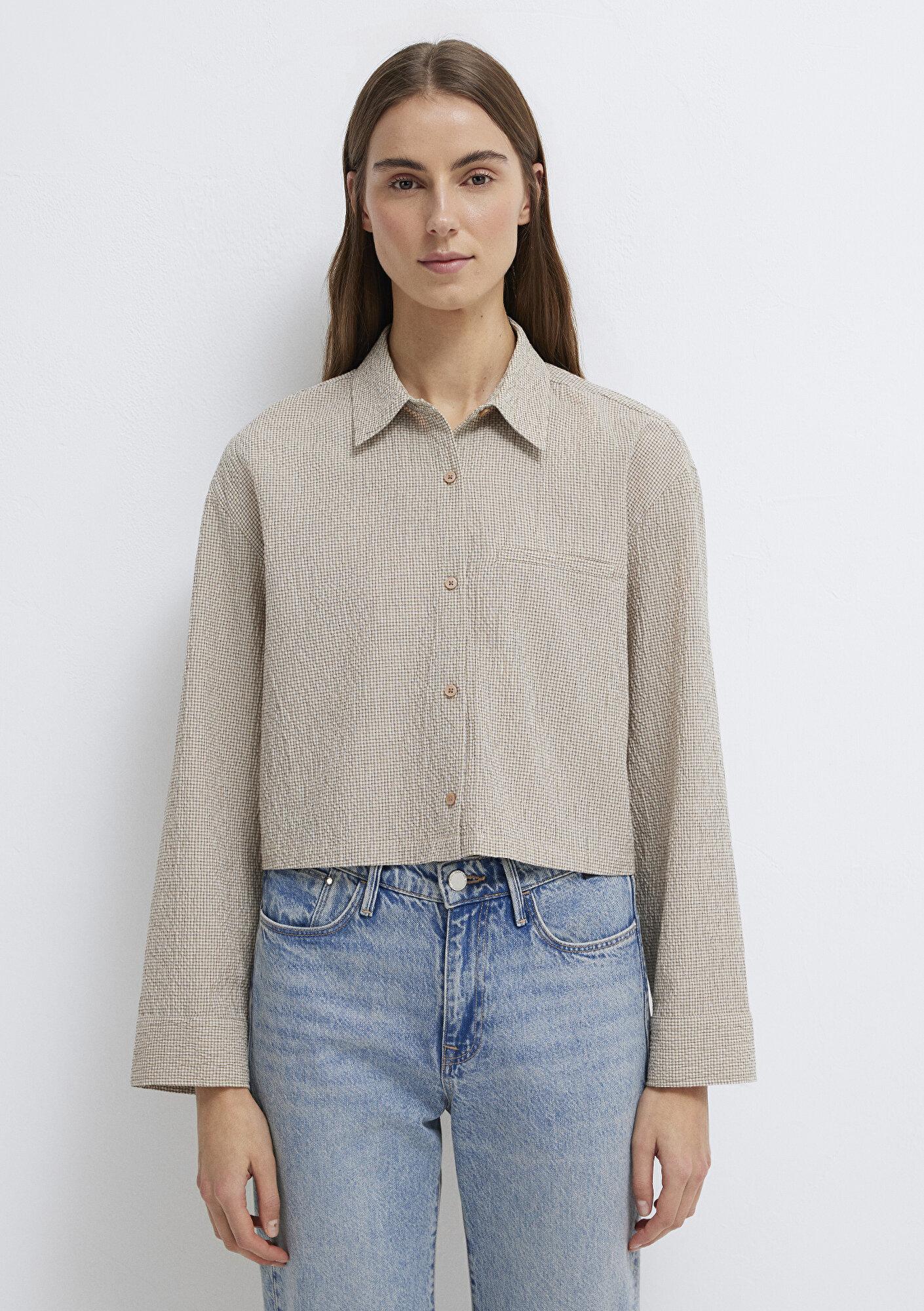 Mavi Kahverengi Ekose Crop Gömlek Loose Fit / Bol Rahat Kesim 1211388-83169