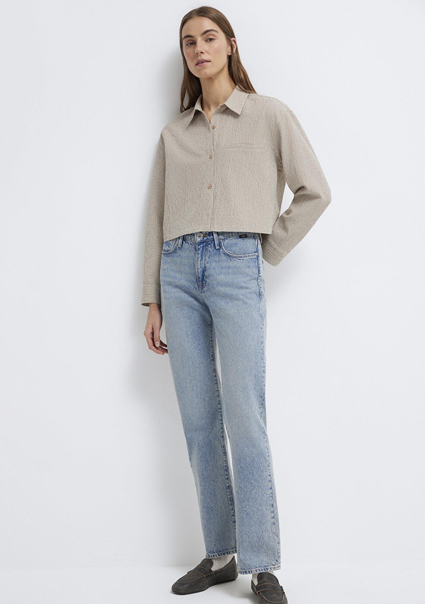 Mavi Kahverengi Ekose Crop Gömlek Loose Fit / Bol Rahat Kesim 1211388-83169