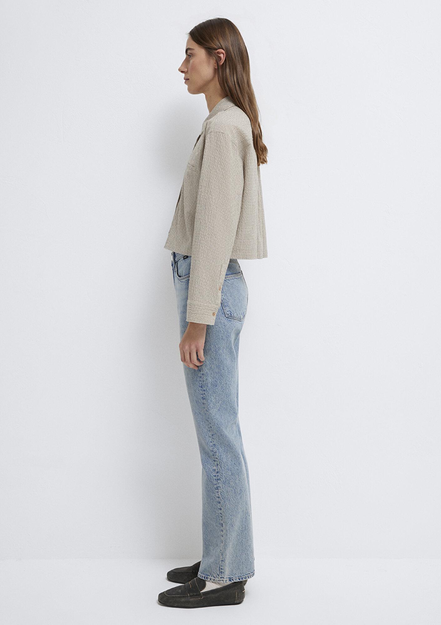 Mavi Kahverengi Ekose Crop Gömlek Loose Fit / Bol Rahat Kesim 1211388-83169