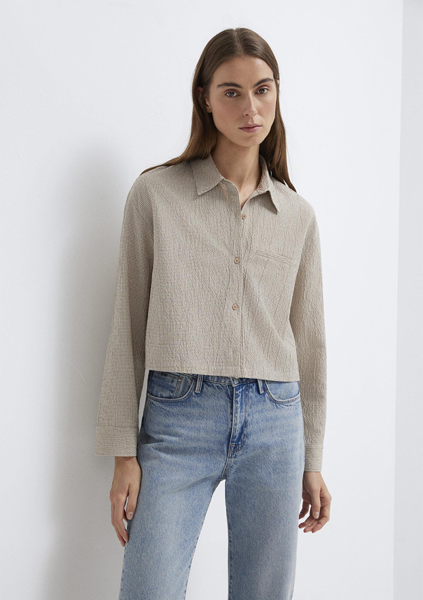 Mavi Kahverengi Ekose Crop Gömlek Loose Fit / Bol Rahat Kesim 1211388-83169