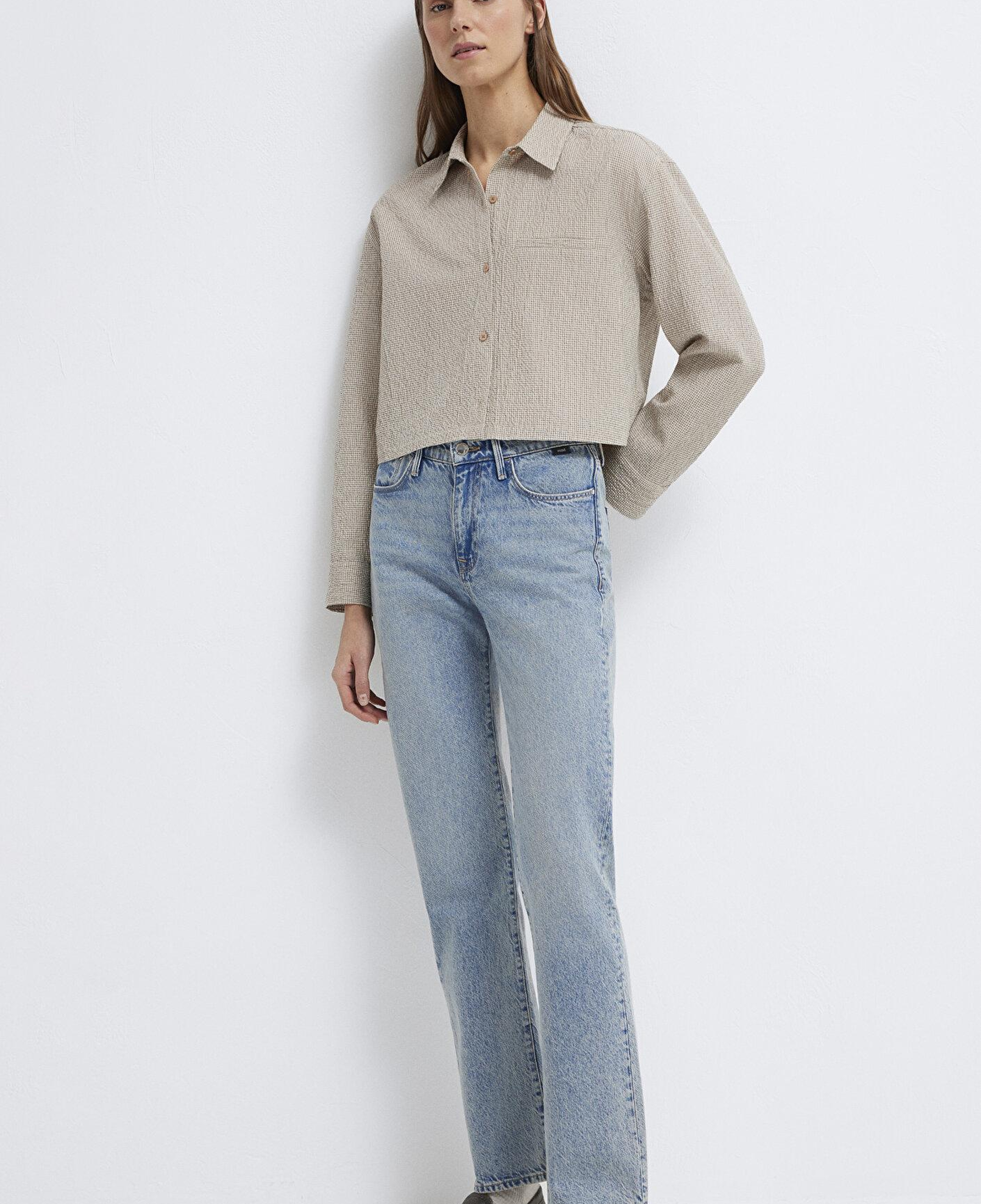 Mavi Kahverengi Ekose Crop Gömlek Loose Fit / Bol Rahat Kesim 1211388-83169