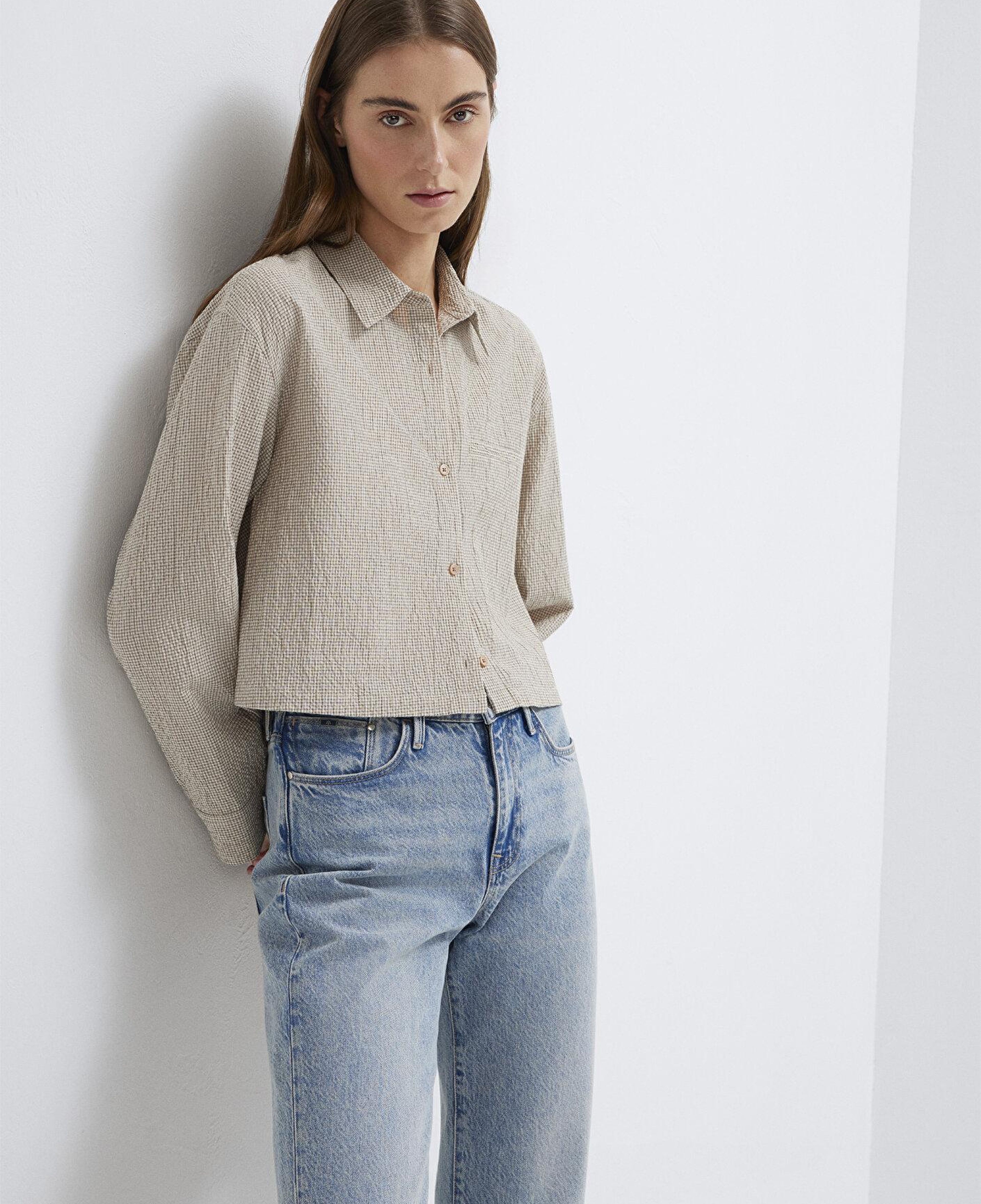 Mavi Kahverengi Ekose Crop Gömlek Loose Fit / Bol Rahat Kesim 1211388-83169