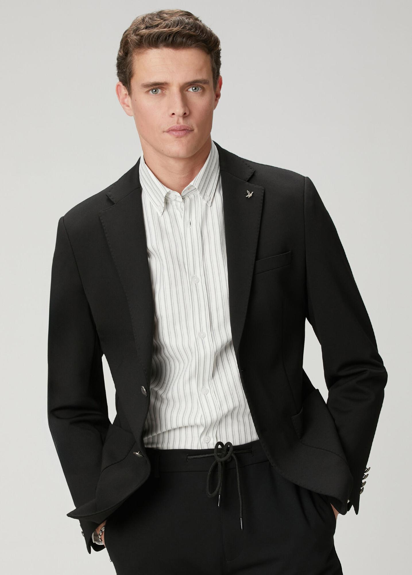 Beymen Club Erkek Comfort Fit Beyaz Gri Çizgi Desenli Oxford Gömlek