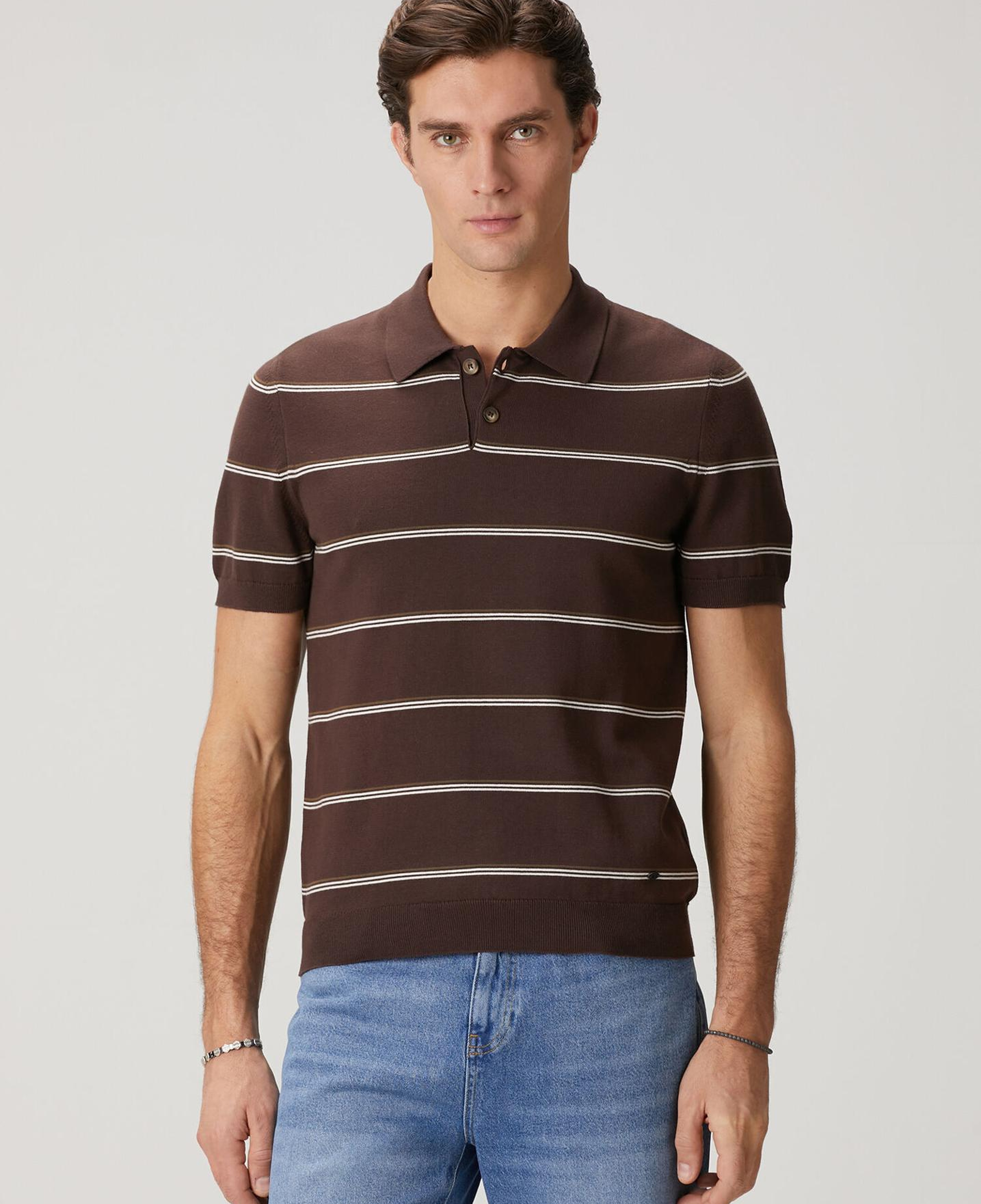 Beymen Club Erkek Kahverengi Ekru Polo Yaka Çizgili Kısa Kollu Triko