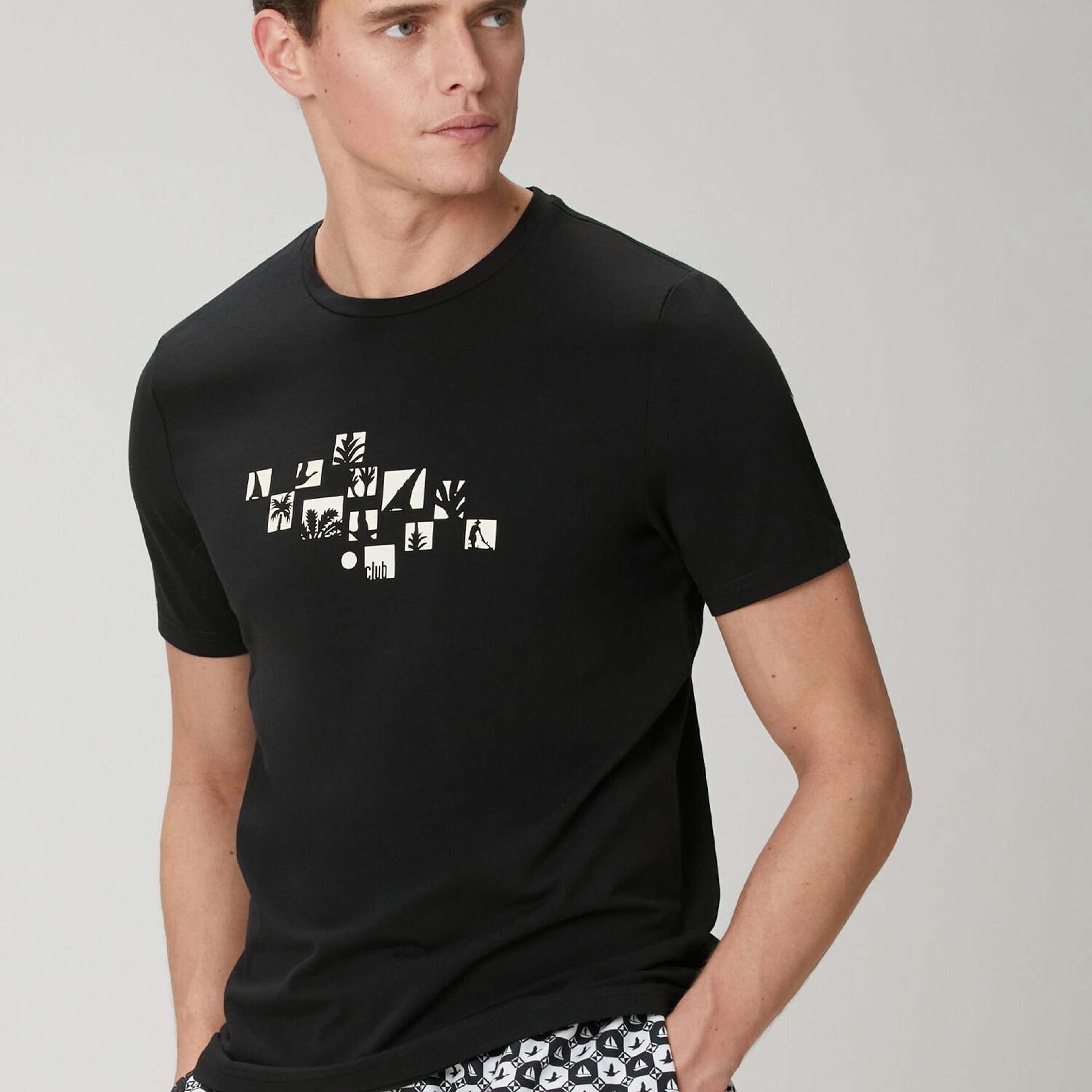 Beymen Club Erkek Siyah Relax Fit Flok Kaz Baskılı T-shirt