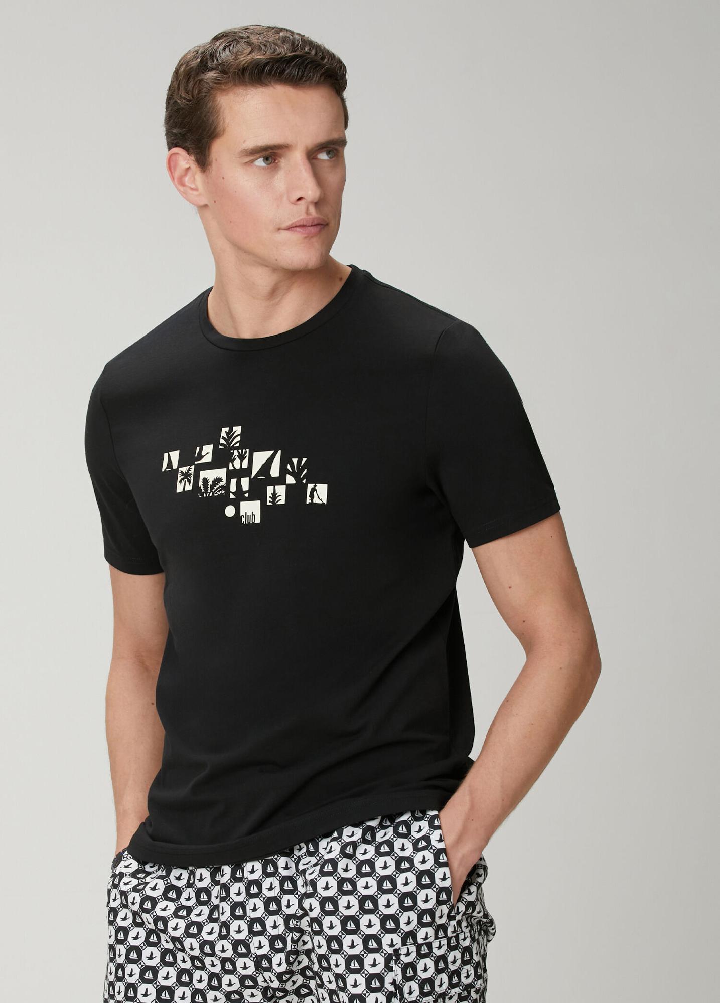 Beymen Club Erkek Siyah Relax Fit Flok Kaz Baskılı T-shirt
