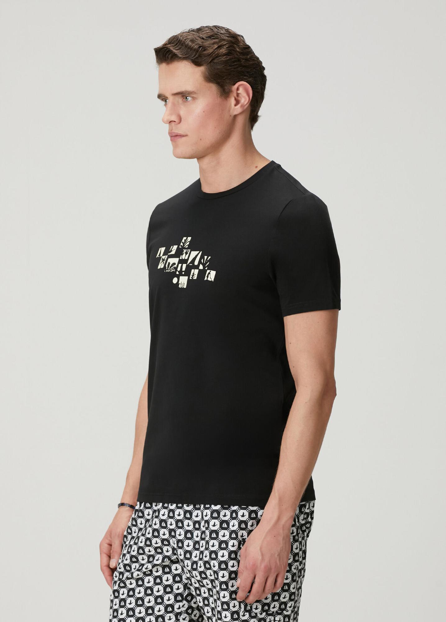 Beymen Club Erkek Siyah Relax Fit Flok Kaz Baskılı T-shirt