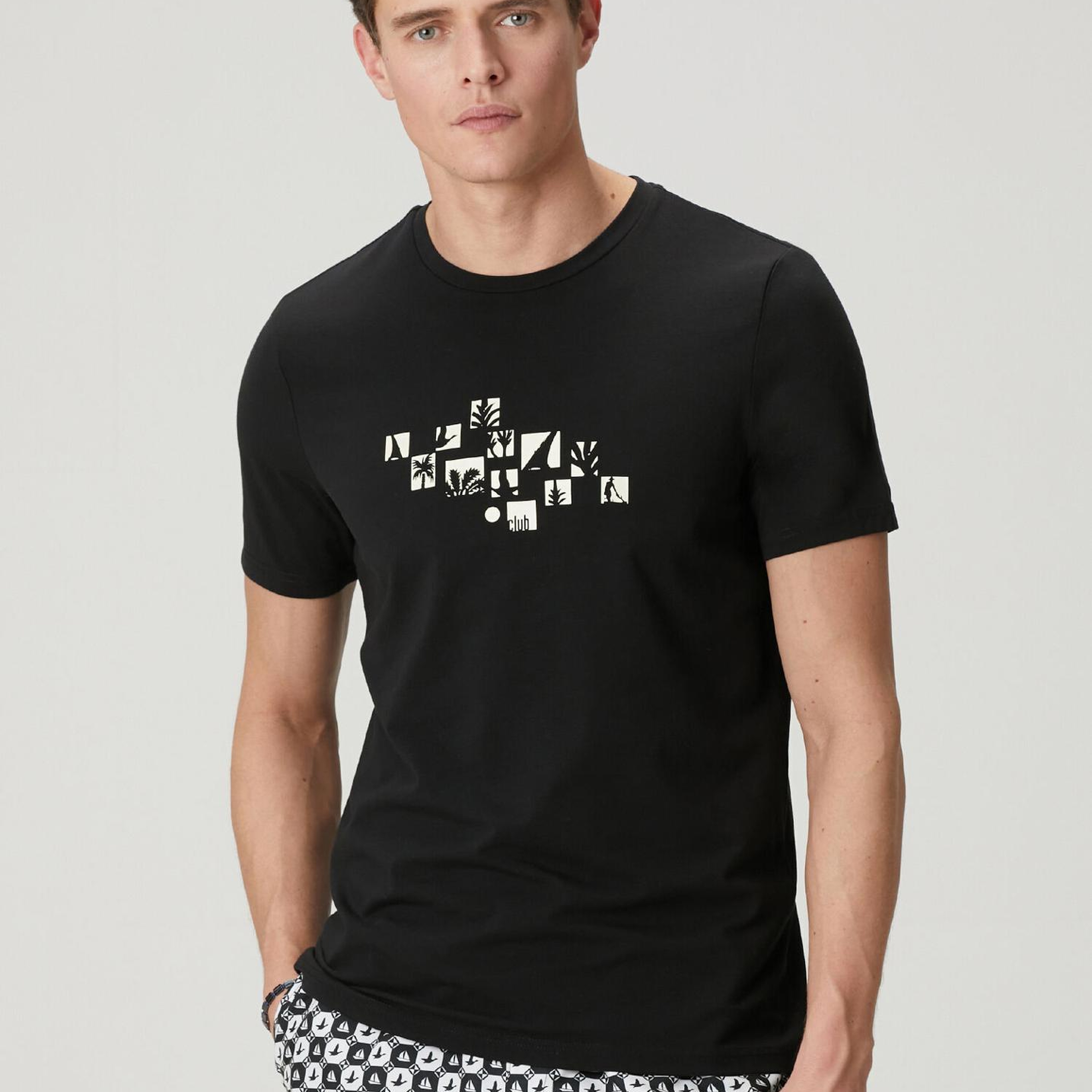 Beymen Club Erkek Siyah Relax Fit Flok Kaz Baskılı T-shirt