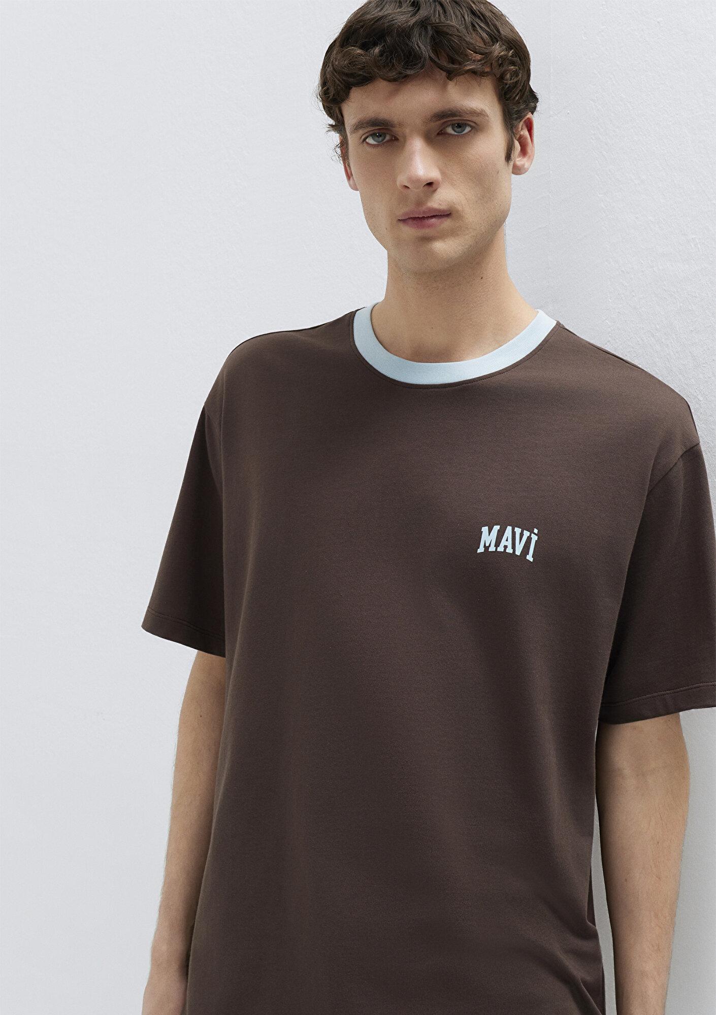 Mavi Mavi Logo Baskılı Biye Detaylı Kahverengi Tişört Loose Fit / Bol Rahat Kesim 0613557-70251