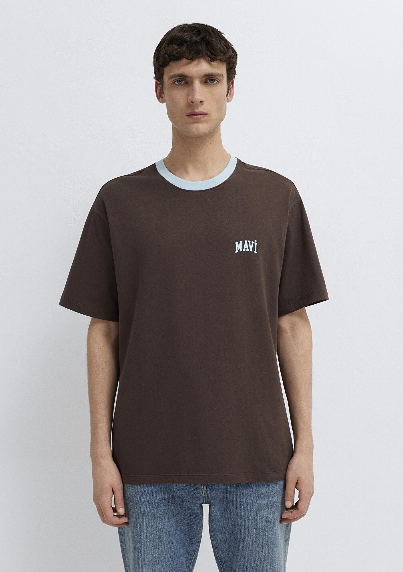 Mavi Mavi Logo Baskılı Biye Detaylı Kahverengi Tişört Loose Fit / Bol Rahat Kesim 0613557-70251