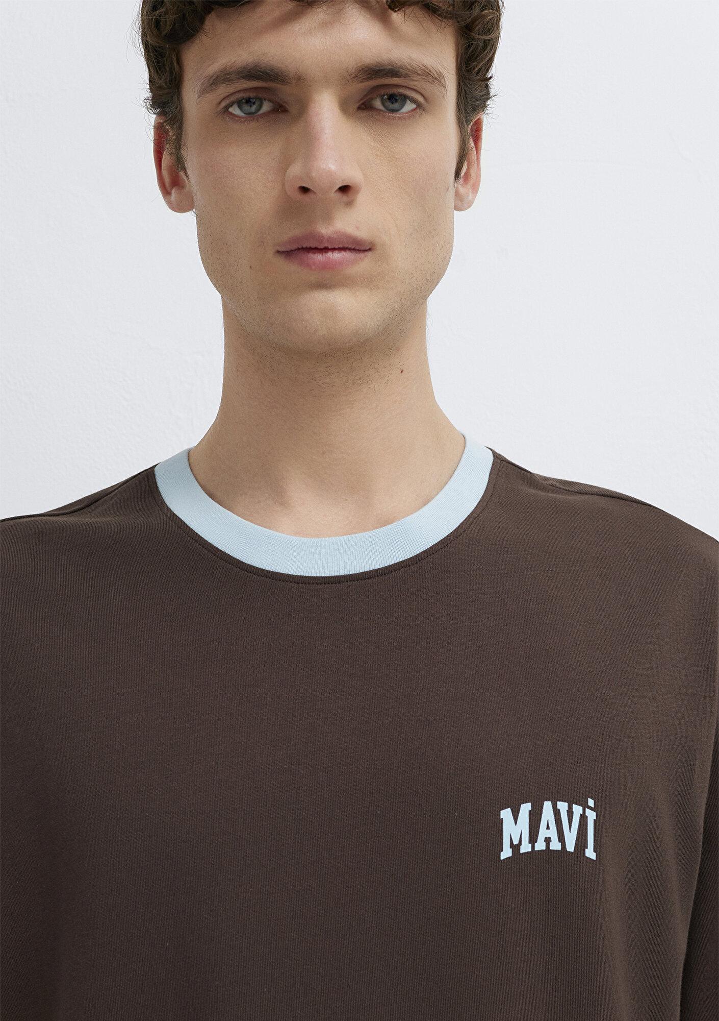 Mavi Mavi Logo Baskılı Biye Detaylı Kahverengi Tişört Loose Fit / Bol Rahat Kesim 0613557-70251