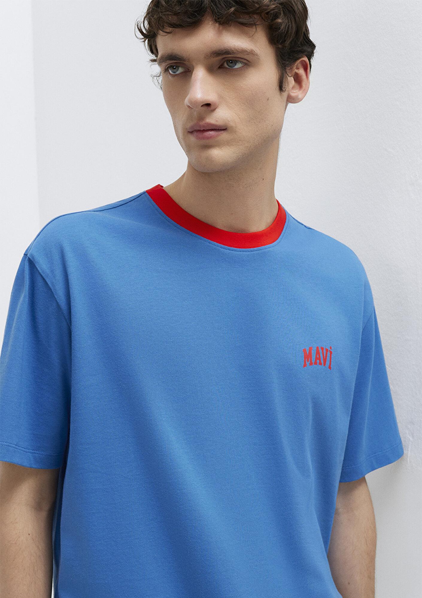 Mavi Mavi Logo Baskılı Biye Detaylı Mavi Tişört Loose Fit / Bol Rahat Kesim 0613557-91761