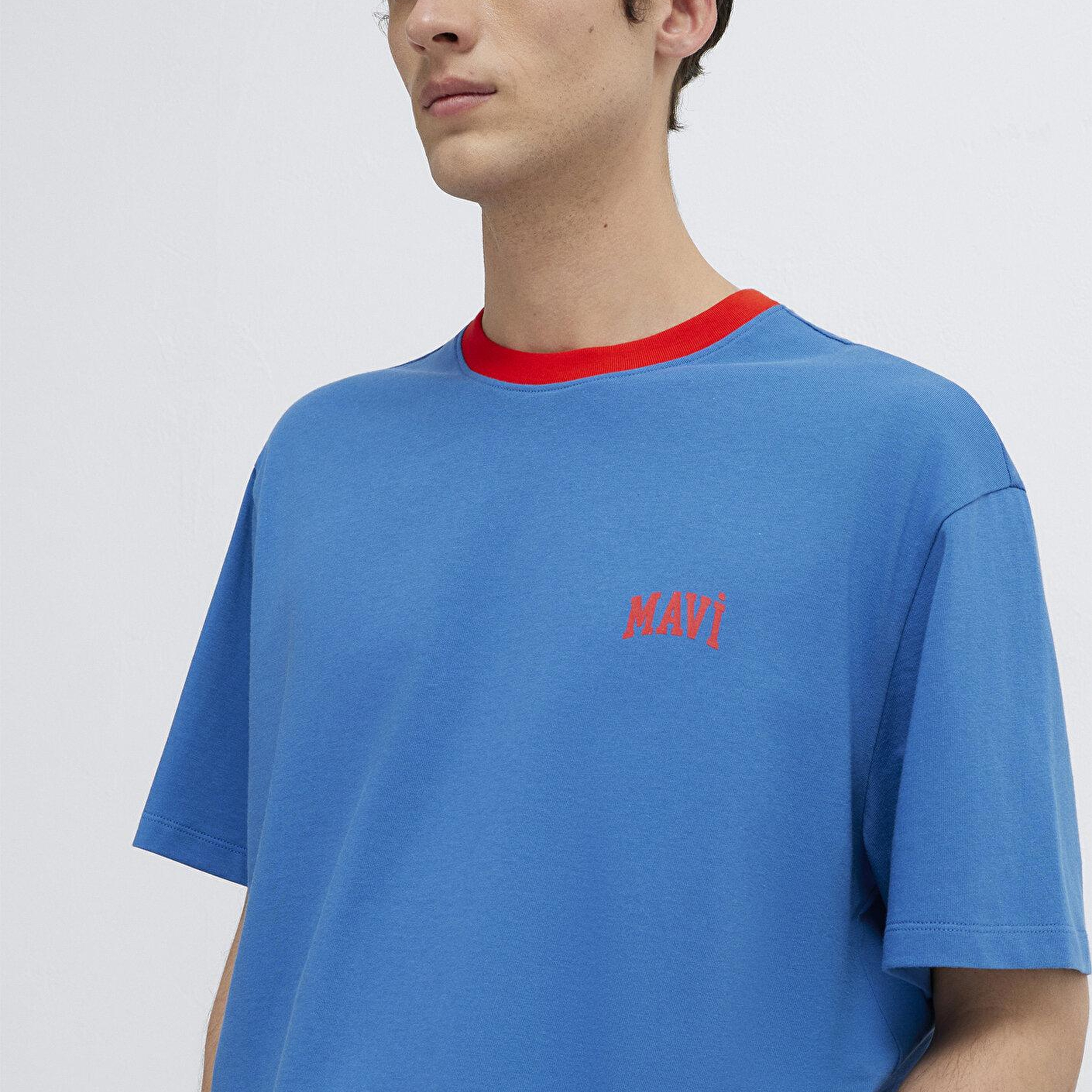 Mavi Mavi Logo Baskılı Biye Detaylı Mavi Tişört Loose Fit / Bol Rahat Kesim 0613557-91761