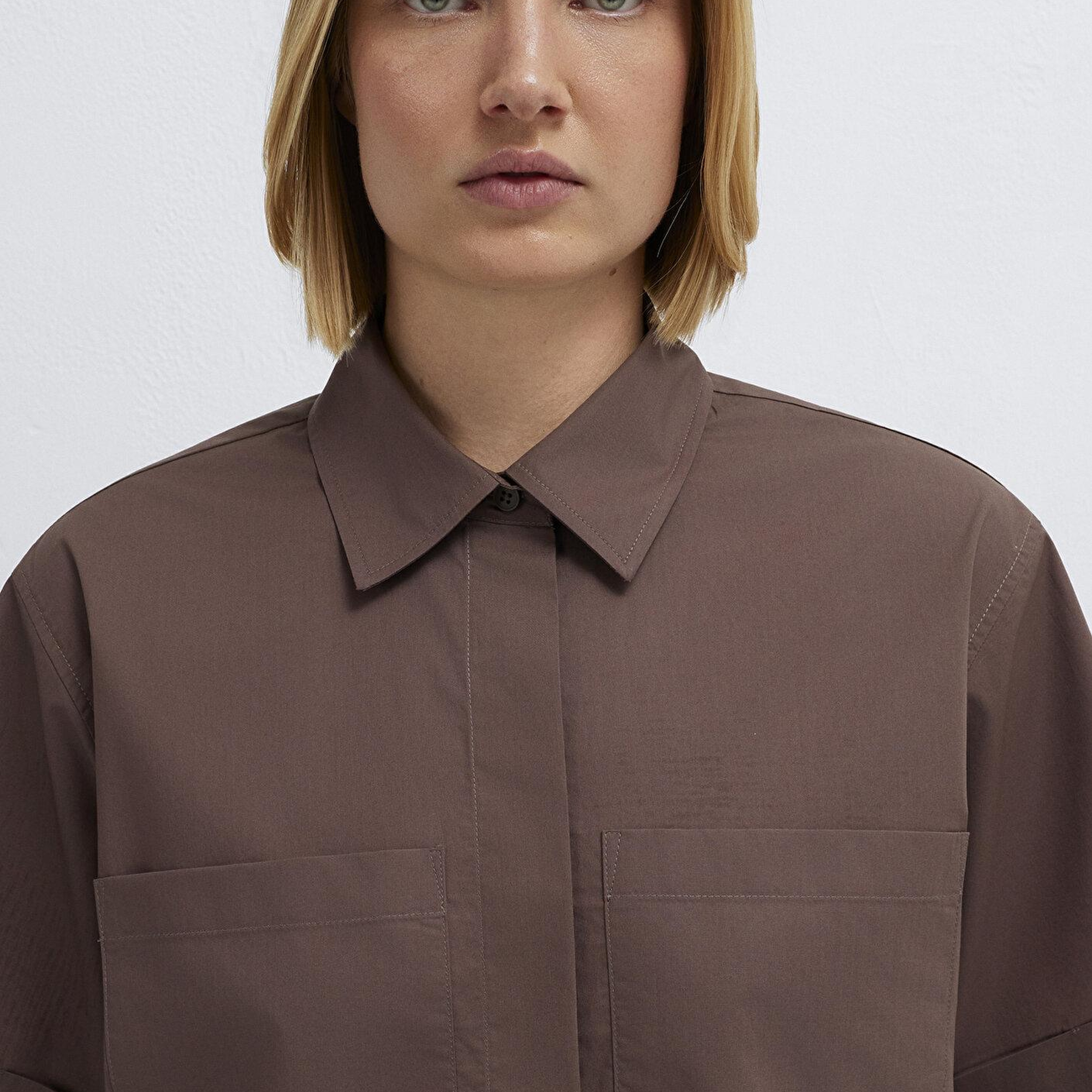 Mavi Cep Detaylı Kahverengi Gömlek Loose Fit / Bol Rahat Kesim 1211537-87537